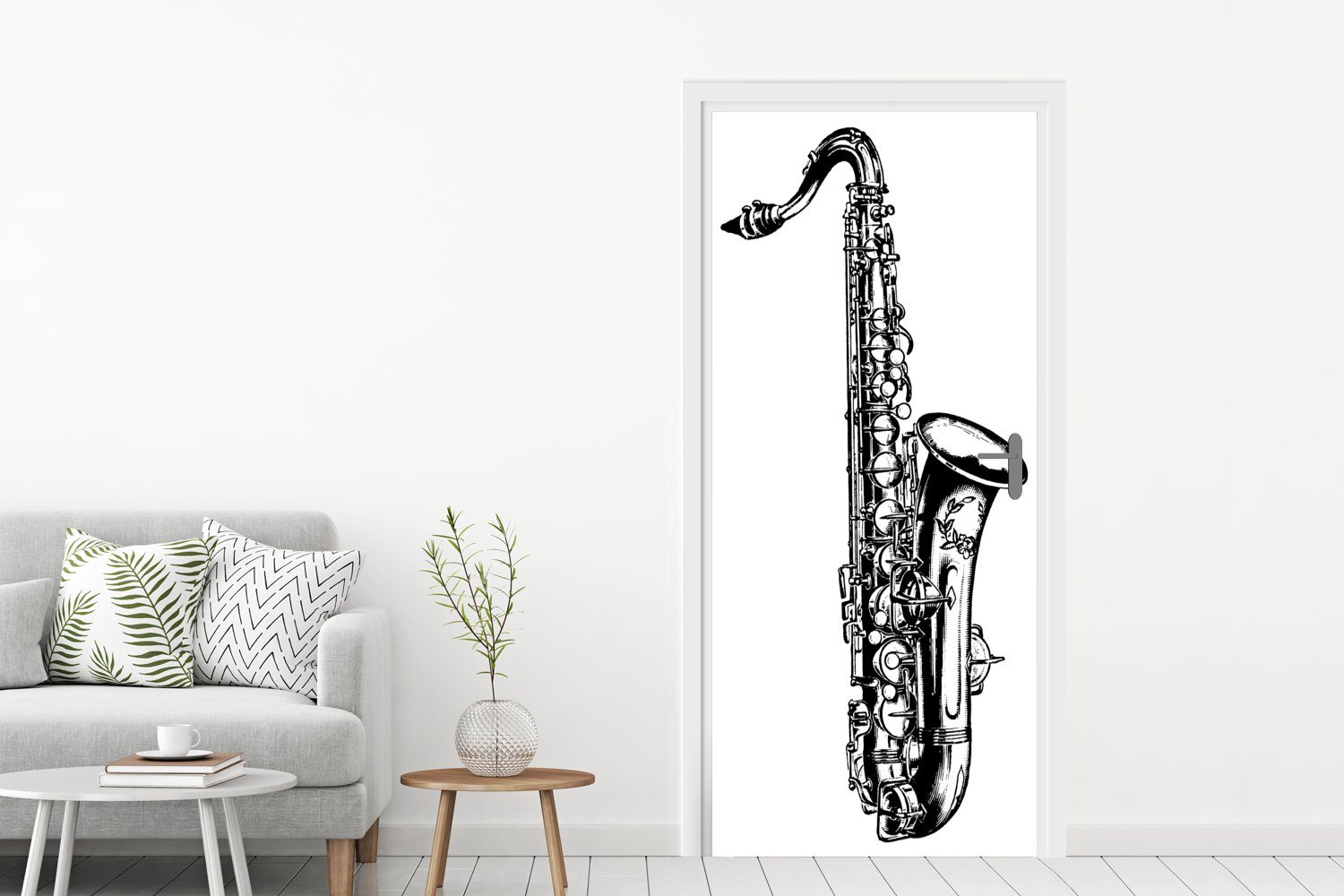 Türaufkleber, Matt, in eines Tür, cm schwarz-weiß, St), Illustration (1 MuchoWow bedruckt, für Türtapete Fototapete 75x205 Detaillierte Saxophons