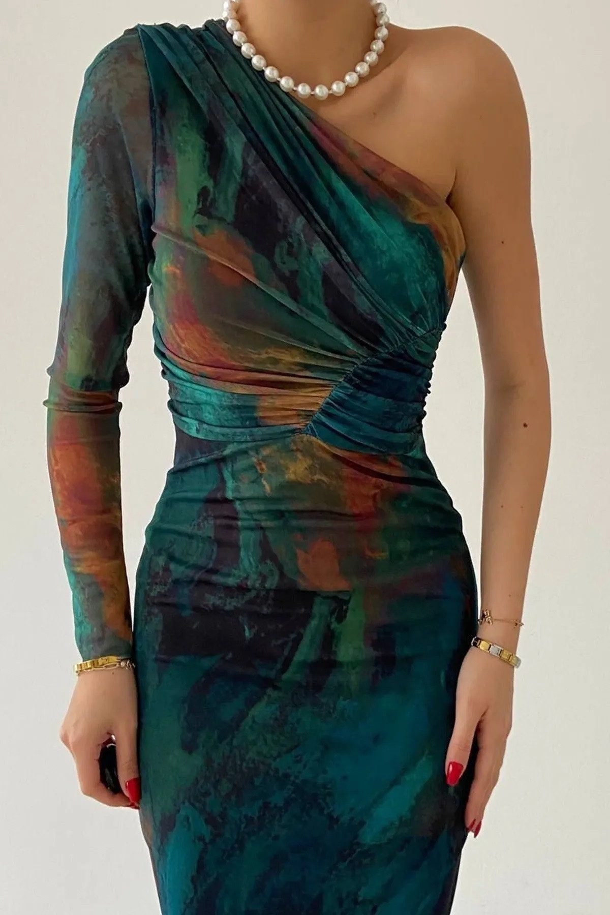 WOMAN VISION Minikleid Damen Digitaldruck Bandeau-Midi-Kleid mit Einzelärme günstig online kaufen