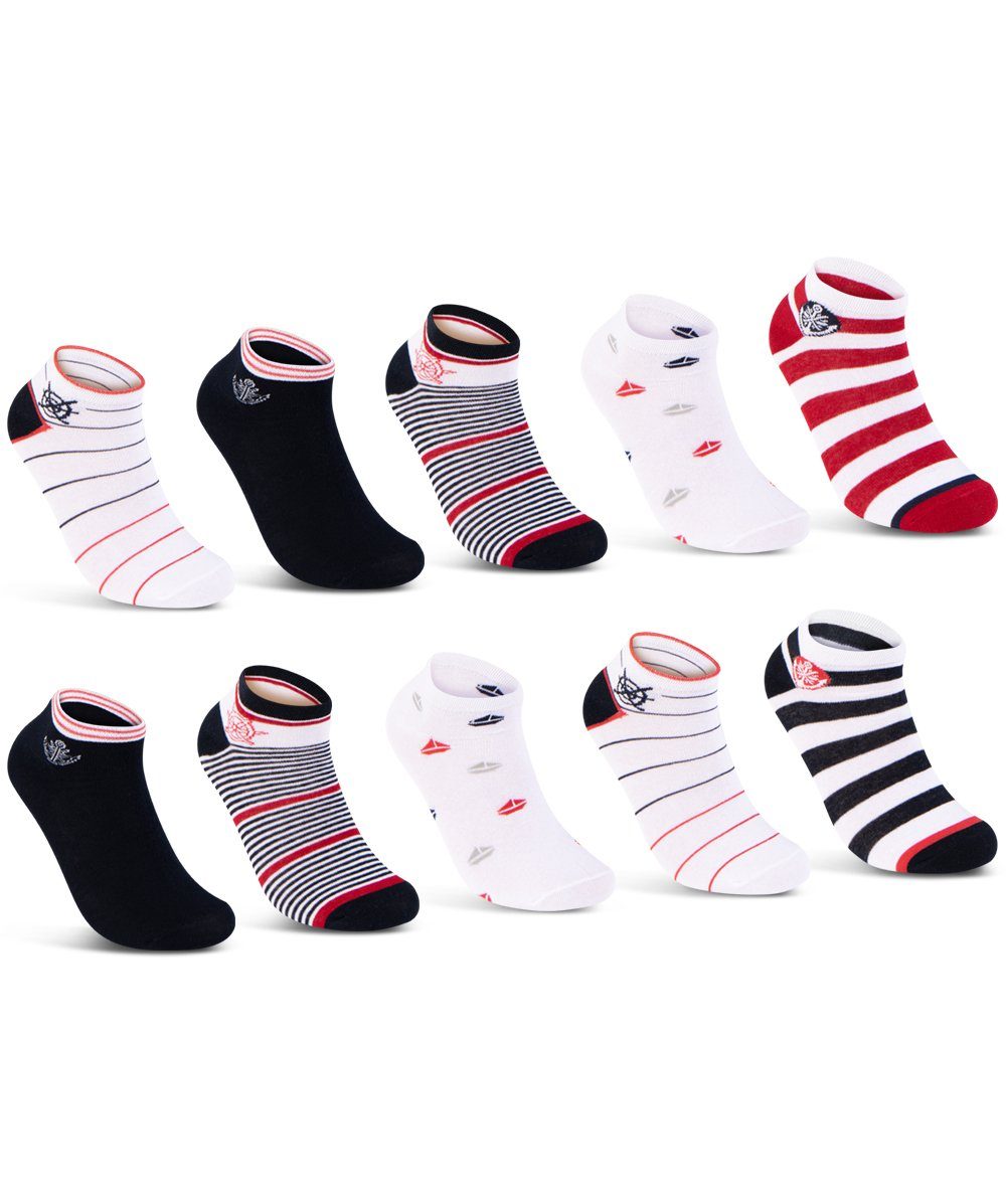 sockenkauf24 Sneakersocken 10 Paar Damen Sneaker Socken Mehrfarbig (39-42, 36828) Streifen Punkte Herzen Maritim Baumwolle WP