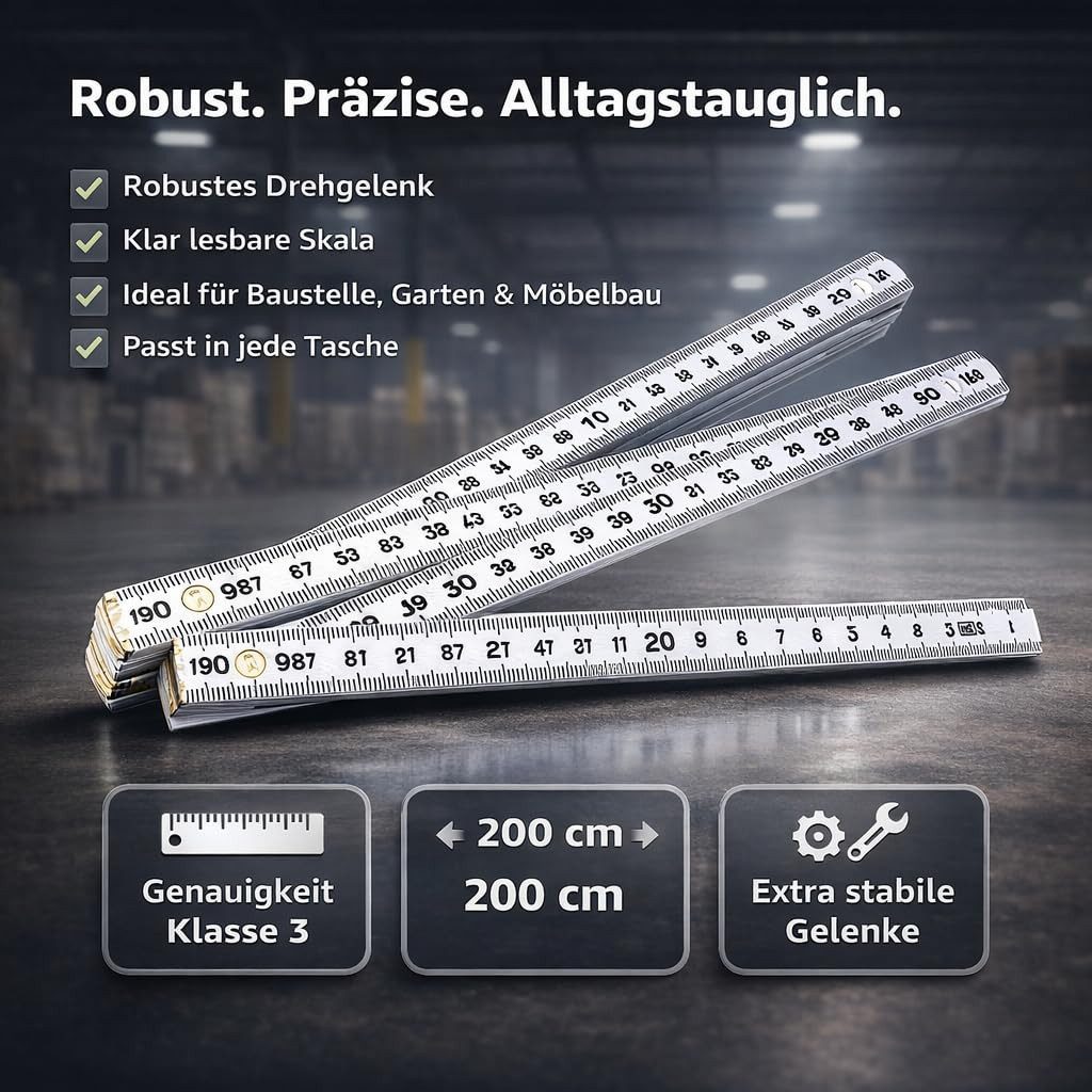 repairr Zollstock 5er Set Zollstöcke 2m - leicht ablesbar – Farbe Weiß