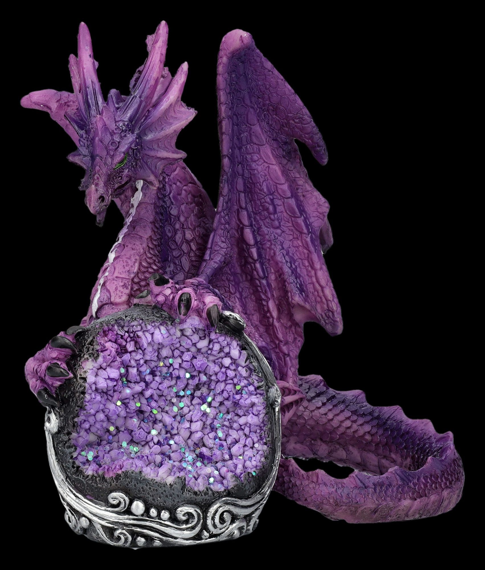 Figuren Shop GmbH Fantasy-Figur Drachenfigur lila mit Kristall - Guardian of Geode Fantasy Dekoration