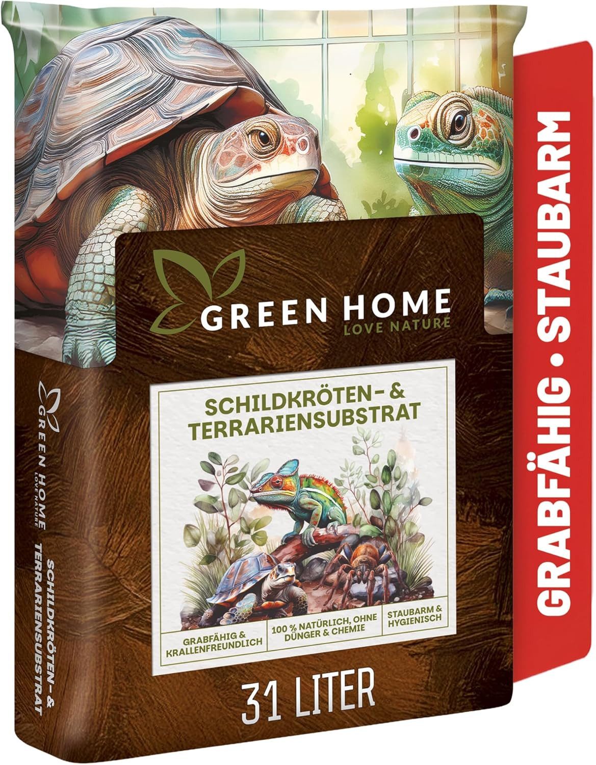 GREEN HOME LOVE NATURE Spezialerde Schildkrötenerde 31L, Schildkrötensubstrat für Landschildkröten 31 L, Formstabil, Eiablagefähig, Hautschonend, Schimmelhemmend, pH-stabil