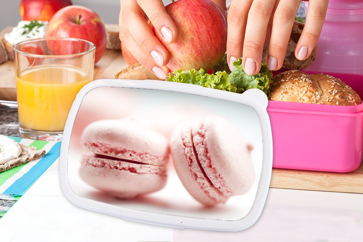 Makronen, rosa Kunststoff von Lunchbox für Kunststoff, Mädchen, Brotdose MuchoWow (2-tlg), Snackbox, Erwachsene, Brotbox Kinder, Nahaufnahme