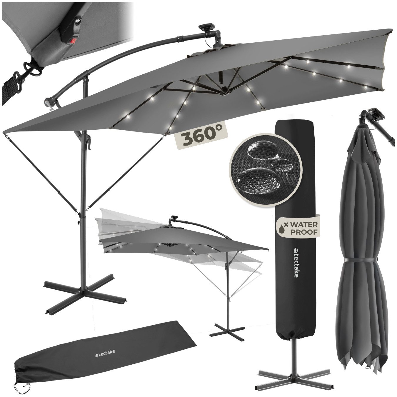 tectake Ampelschirm Sonnenschirm, geeignetes Set für Terrasse oder Garten, Parasol inkl. Schutzhülle und Solarpanel, 250 x 250 cm mit LED Solar-Beleuchtung