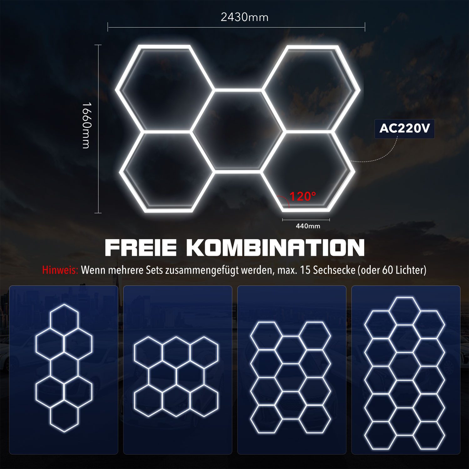 oyajia LED Dekolicht 5er-Pack Hexagon LED Garagenleuchte 192W Wabenlicht Garage Light 6500K, LED fest integriert, Tageslichtweiß, für Garage Werkstatt Gaming Fi – Bild 4 von 5