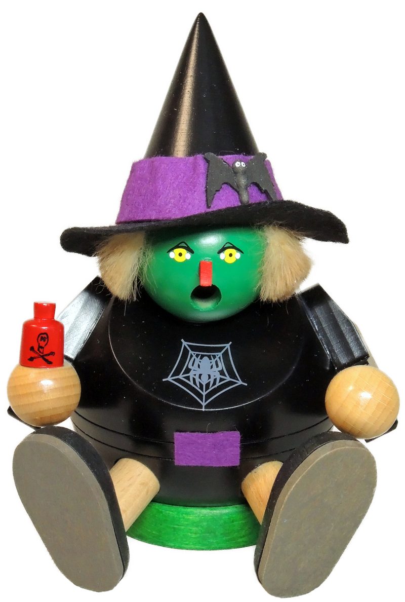Richard Glaesser Räuchermännchen Rauchfrau Hexe grün sitzend, Höhe ca. 15 cm, Handwerkskunst aus dem Erzgebirge