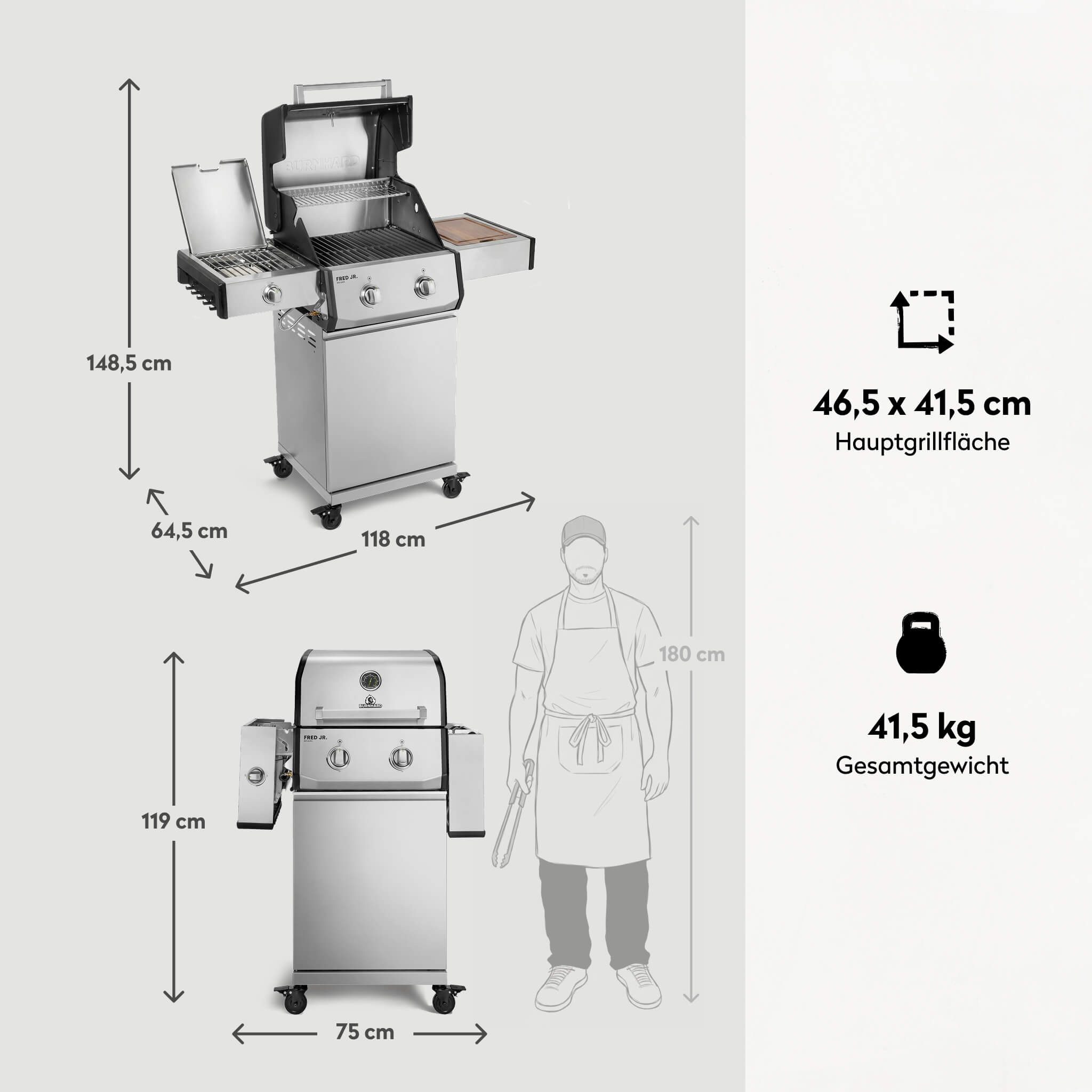 BURNHARD® Gasgrill 2-Brenner, 2x Edelstahl-Stabbrenner à 3,75 kW, Infrarot-Keramikbrenner, Seitentisch, Gussrost, Piezo-Zündung, kompakt, für 5 Personen – FRED Jr. Deluxe