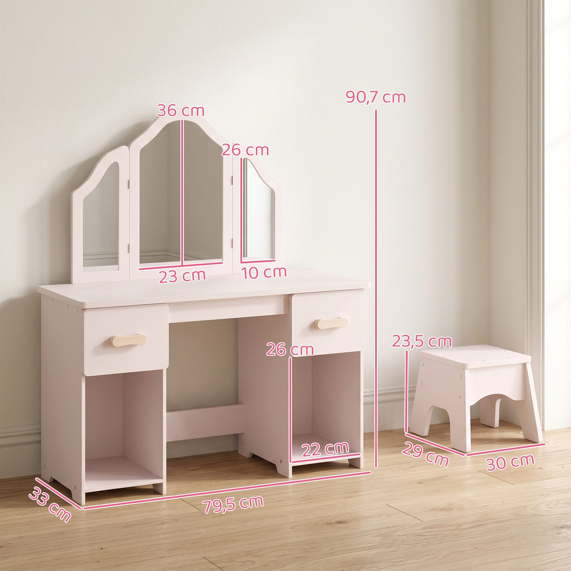 AIYAPLAY Schminktisch mit Abnehmbarem 3-Fach-Spiegel 2 Schubladen 2 Schränken (2 in 1 Kinderschminktisch, 1-St., Schminktisch mit Hocker), für Mädchen ab 3 Rosa