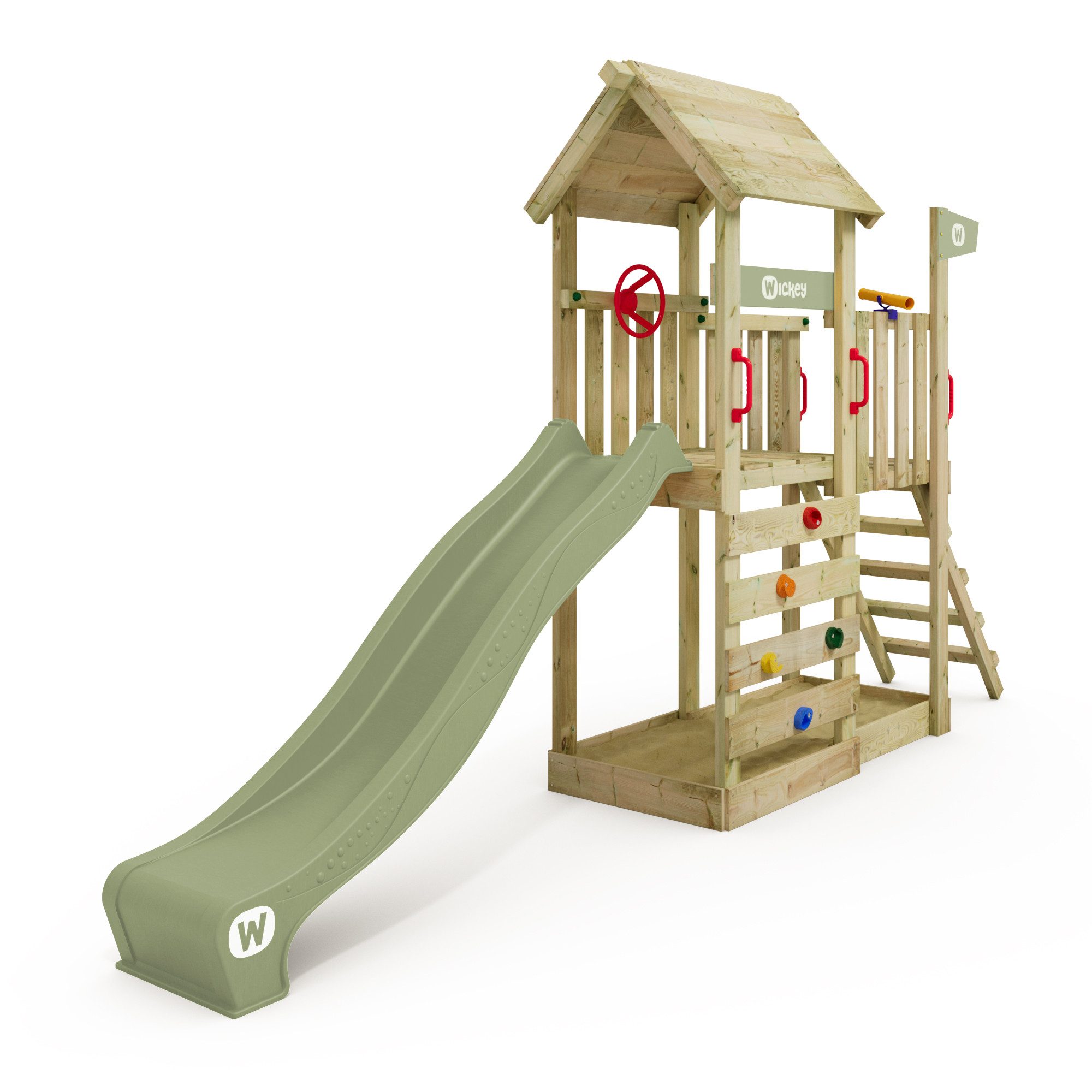 Wickey Spielturm JoyFlyer – Garten-Klettergerüst mit Wellenrutsche & Sandkasten, 10-Jahre Garantie*, Kletterwand mit Klettersteinen