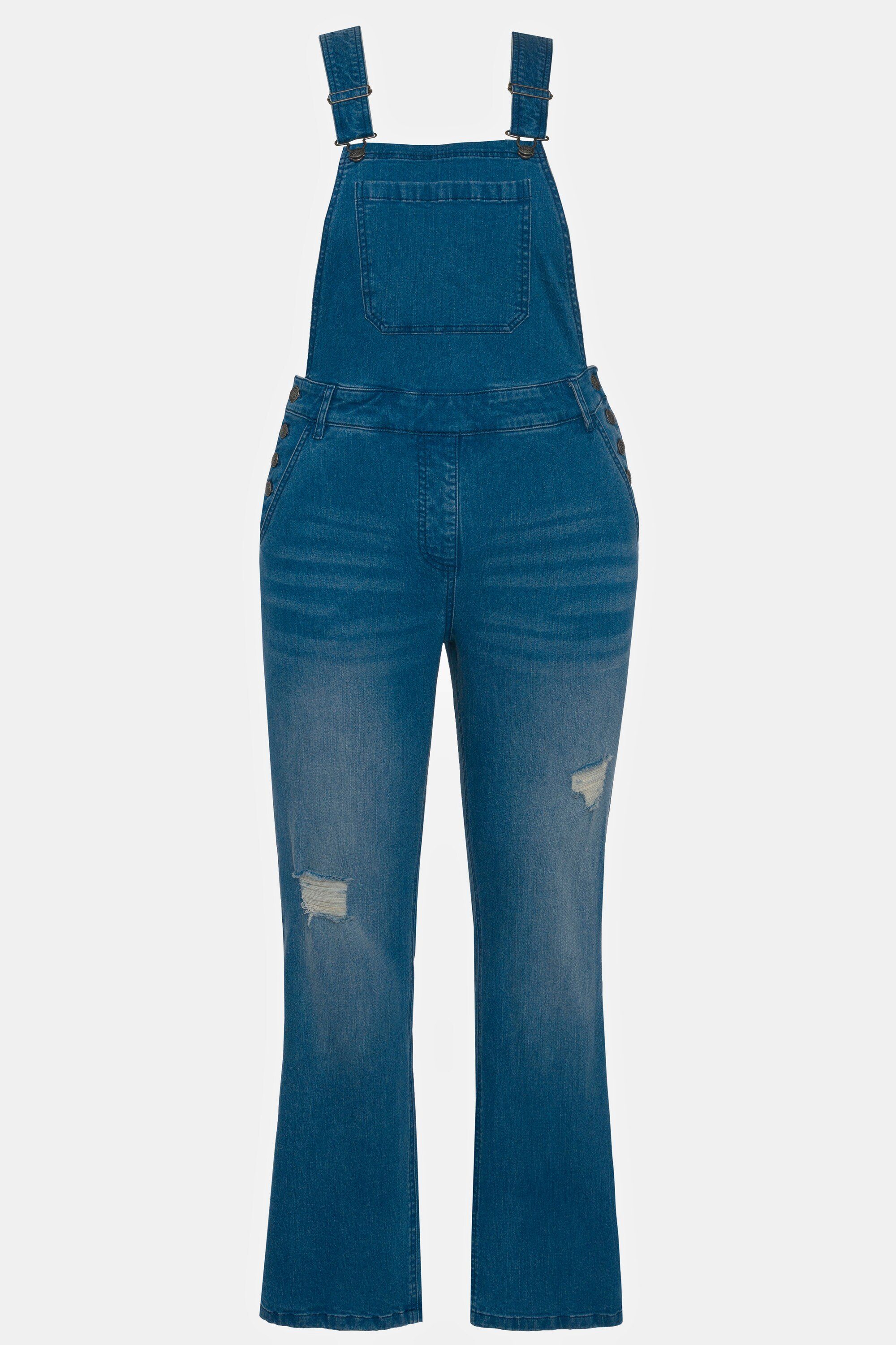 Popken Ulla Bein Jeans-Latzhose ausgestelltes Destroy-Effekt Funktionshose