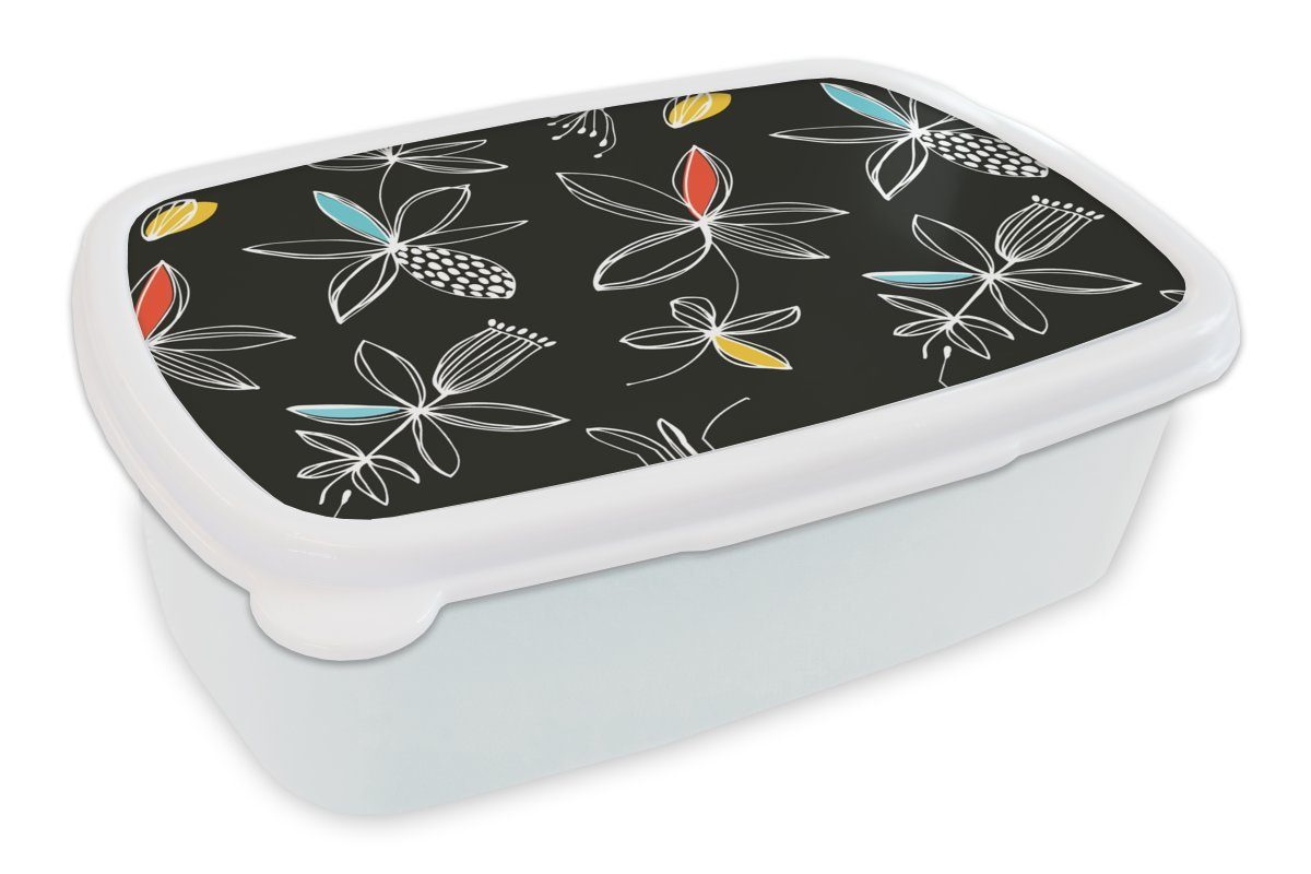 MuchoWow Lunchbox Blumen - Linienkunst - Muster, Kunststoff, (2-tlg), Brotbox für Kinder und Erwachsene, Brotdose, für Jungs und Mädchen weiß