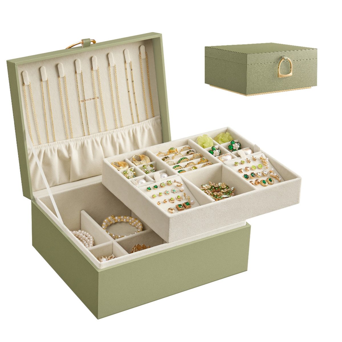 SONGMICS Schmuckkasten Schmuckbox Schmuckaufbewahrung, 2 Ebenen, mit Griff, günstig online kaufen