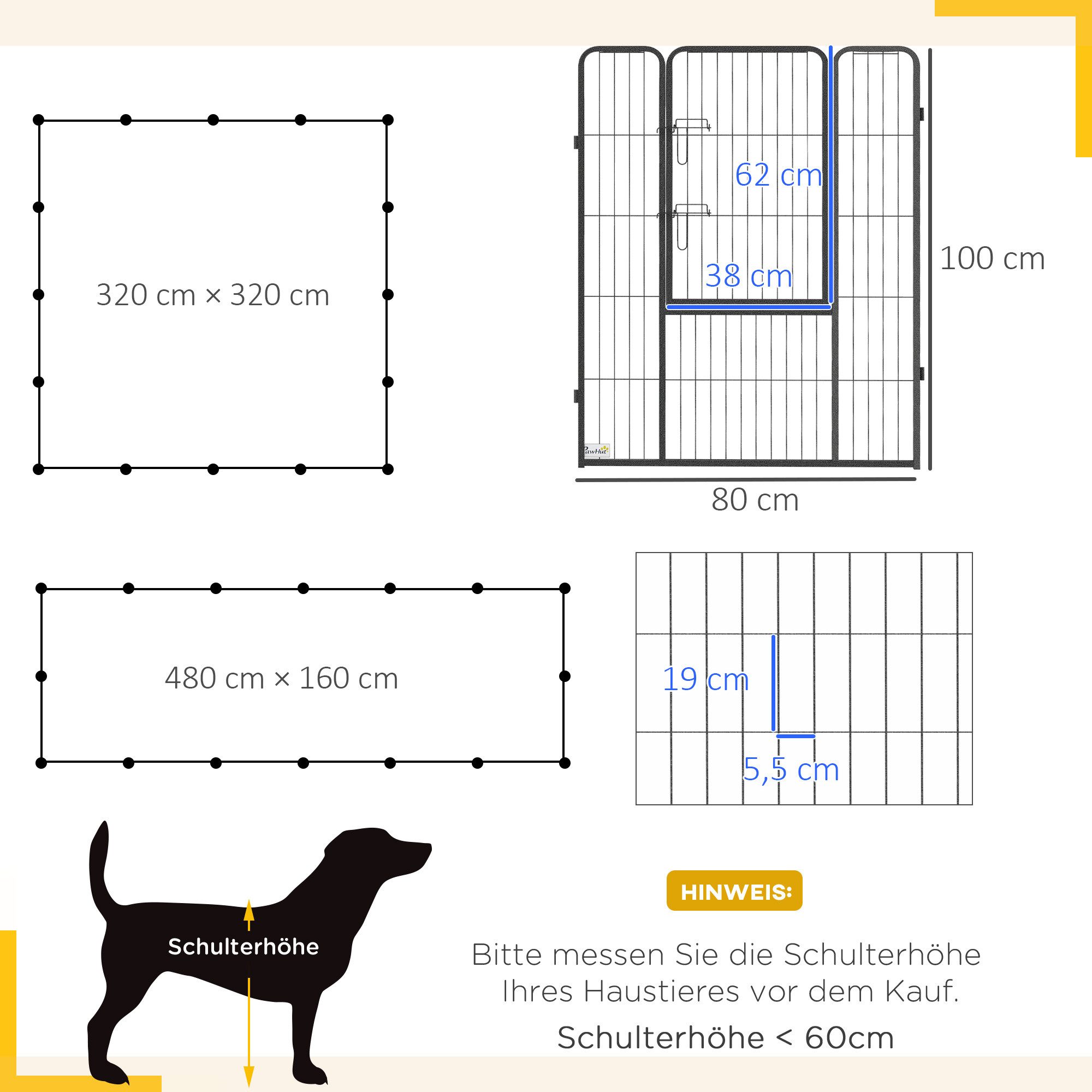 PawHut Freigehege für Große, Mittlere, Kleine Hunde, Kleintierauslauf, mit zwei Türen, für Garten, Balkon, Grau