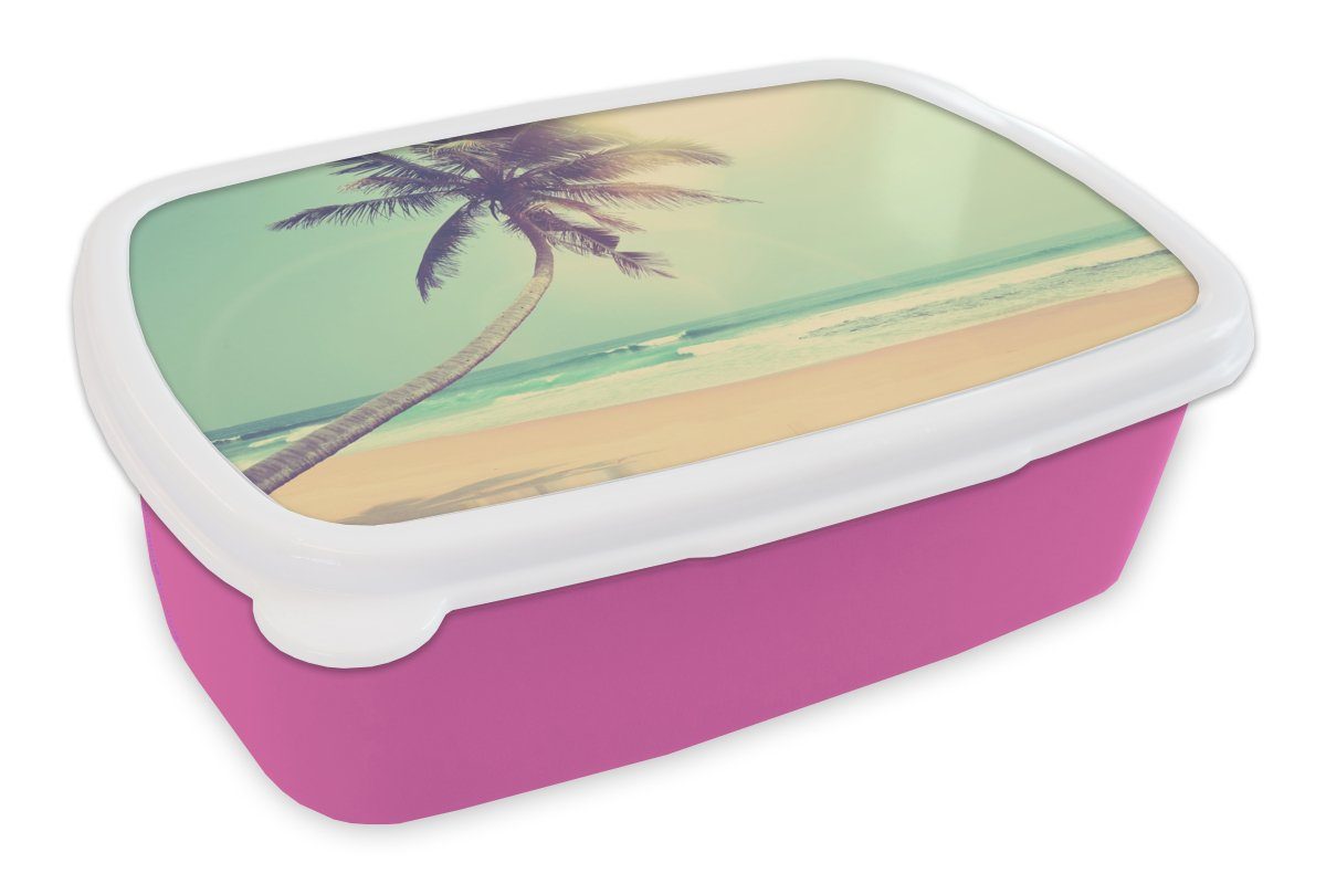 MuchoWow Lunchbox Retro - Palme - Sonne - Sommer, Kunststoff, (2-tlg), Brotbox für Erwachsene, Brotdose Kinder, Snackbox, Mädchen, Kunststoff rosa