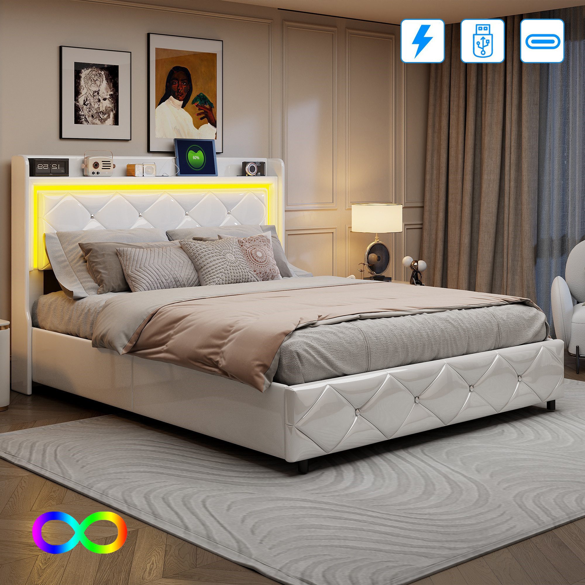 PXloue Polsterbett Doppelbett Stauraumbett (2 USB-Anschlüsse und 1 Typ-C-La günstig online kaufen