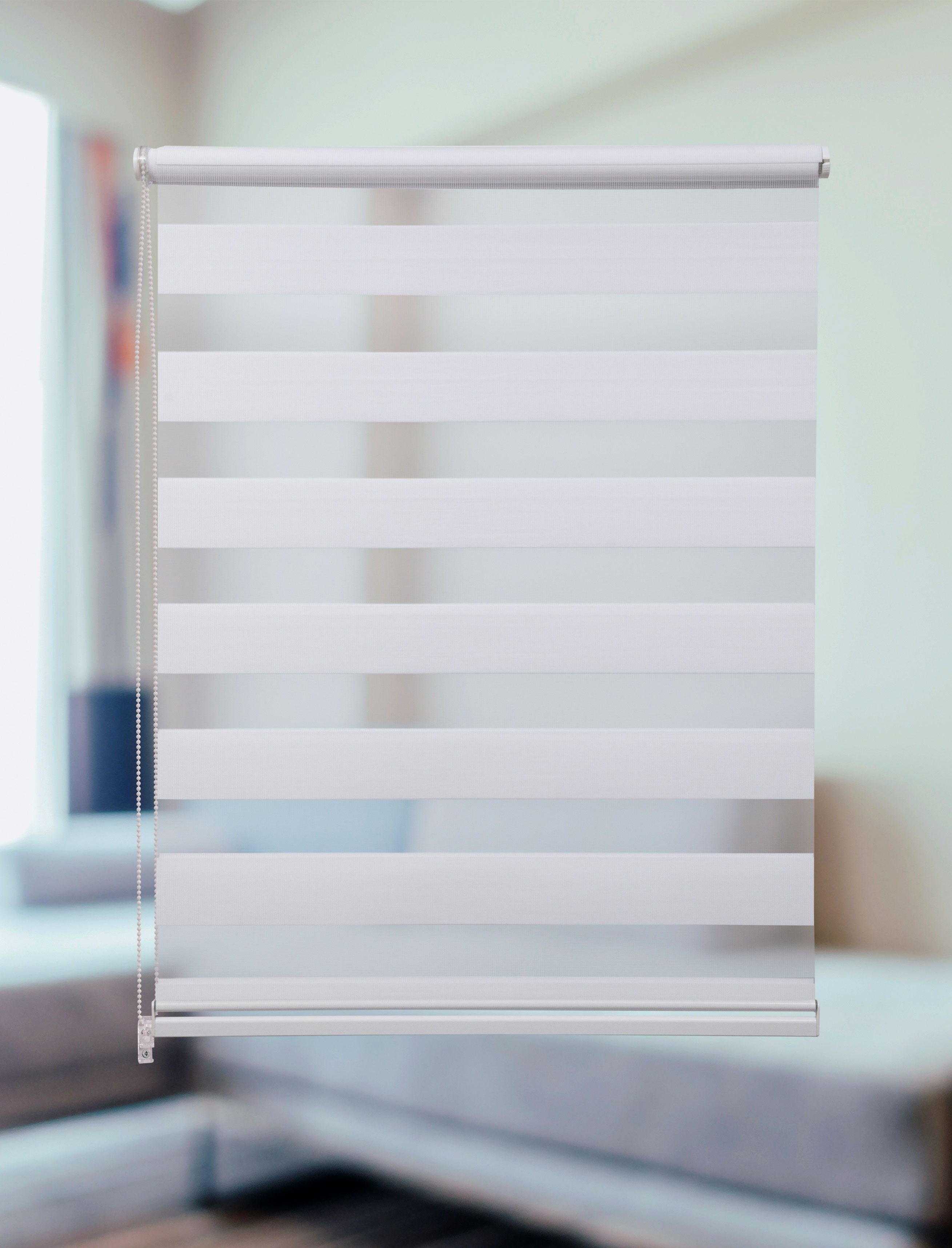 Doppelrollo Klemmfix Doppelrollo mit Perlen Volant in versch. Farben, Plisseeonline, blickdicht, Klemmträger Montage auf dem Fensterrahmen, Freihängend, Klemmfix, Mit Perlen, Aluminium Schiene, Weiß, Grau, Beige, Braun, Anthrazit