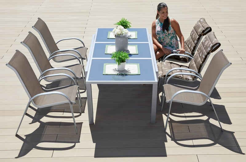 MERXX Garten-Essgruppe Amalfi, (7-tlg), 6 Sessel, Tisch ausziehbar 90x140-200 cm, Alu/Textil
