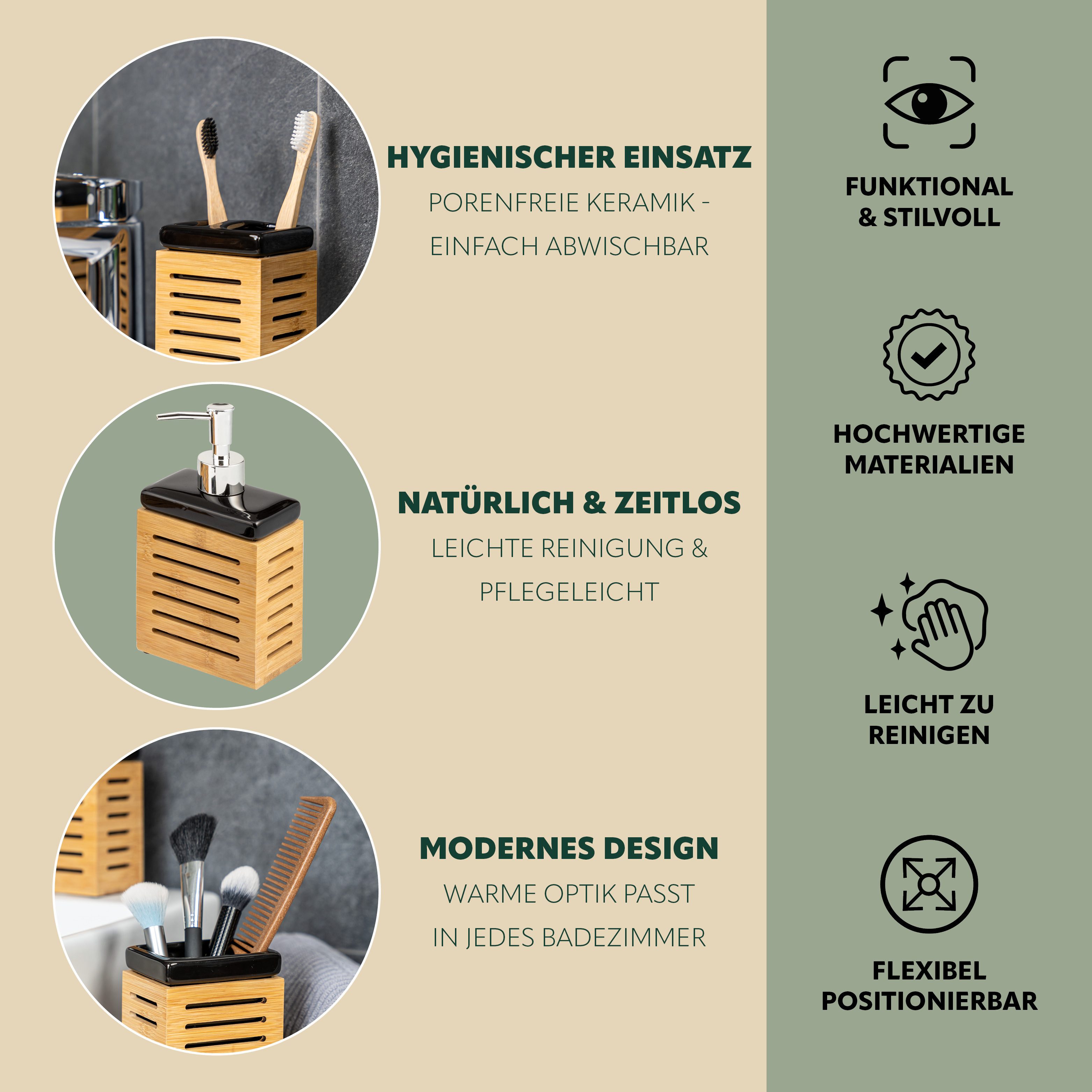 bremermann Badaccessoire-Set Badezimmer-Set 4-tlg., Bambus, Keramik, schwarz, Badezimmer-Zubehör