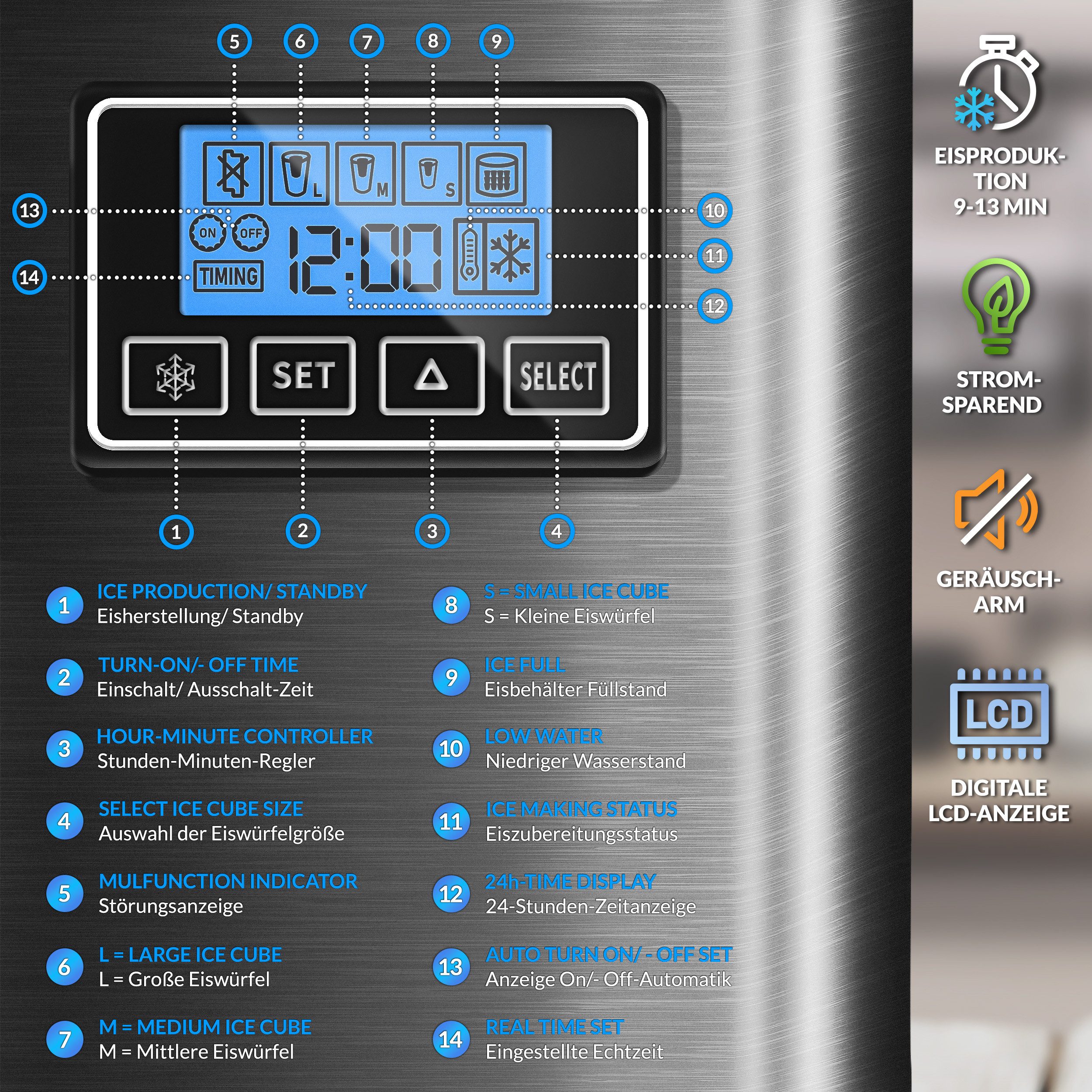 tillvex Eiswürfelmaschine Ice Maker 12 kg - 24 h Edelstahl, Mit Timer & LCD-Display, 2,2L Wassertank & Selbstreinigungsfunktion, 3 Eiswürfel Größen