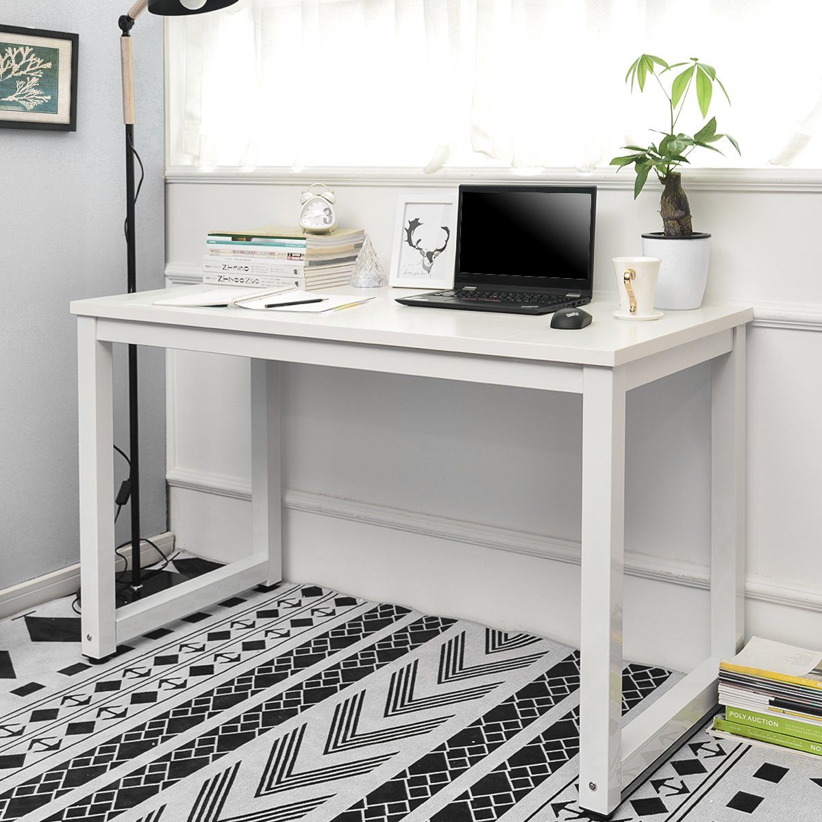 Weiß Tisch Bürotisch weiß einfacher Schreibtisch | verschiedenen | in Arbeitstisch, PC Computertisch Merax Farben Aufbau Stahlgestell weiß
