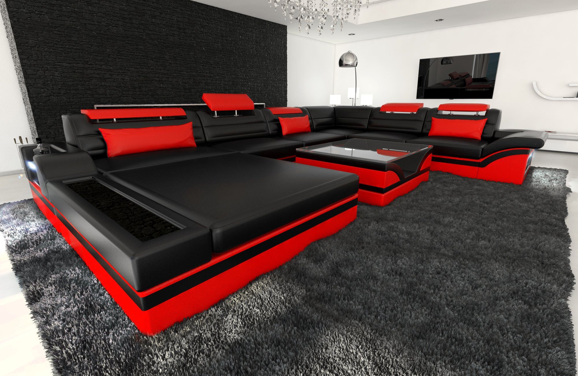 Sofa Dreams Wohnlandschaft Sofa Leder Couch Mezzo XXL U Form Ledersofa,  Couch, mit LED, wahlweise mit Bettfunktion als Schlafsofa, Designersofa