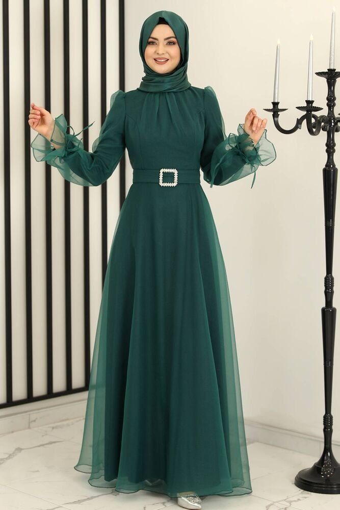 Modavitrini Abendkleid Damen Kleid langärmliges Maxikleid Abiye Abaya Hijab Mode Gürtel mit Schmucksteinen