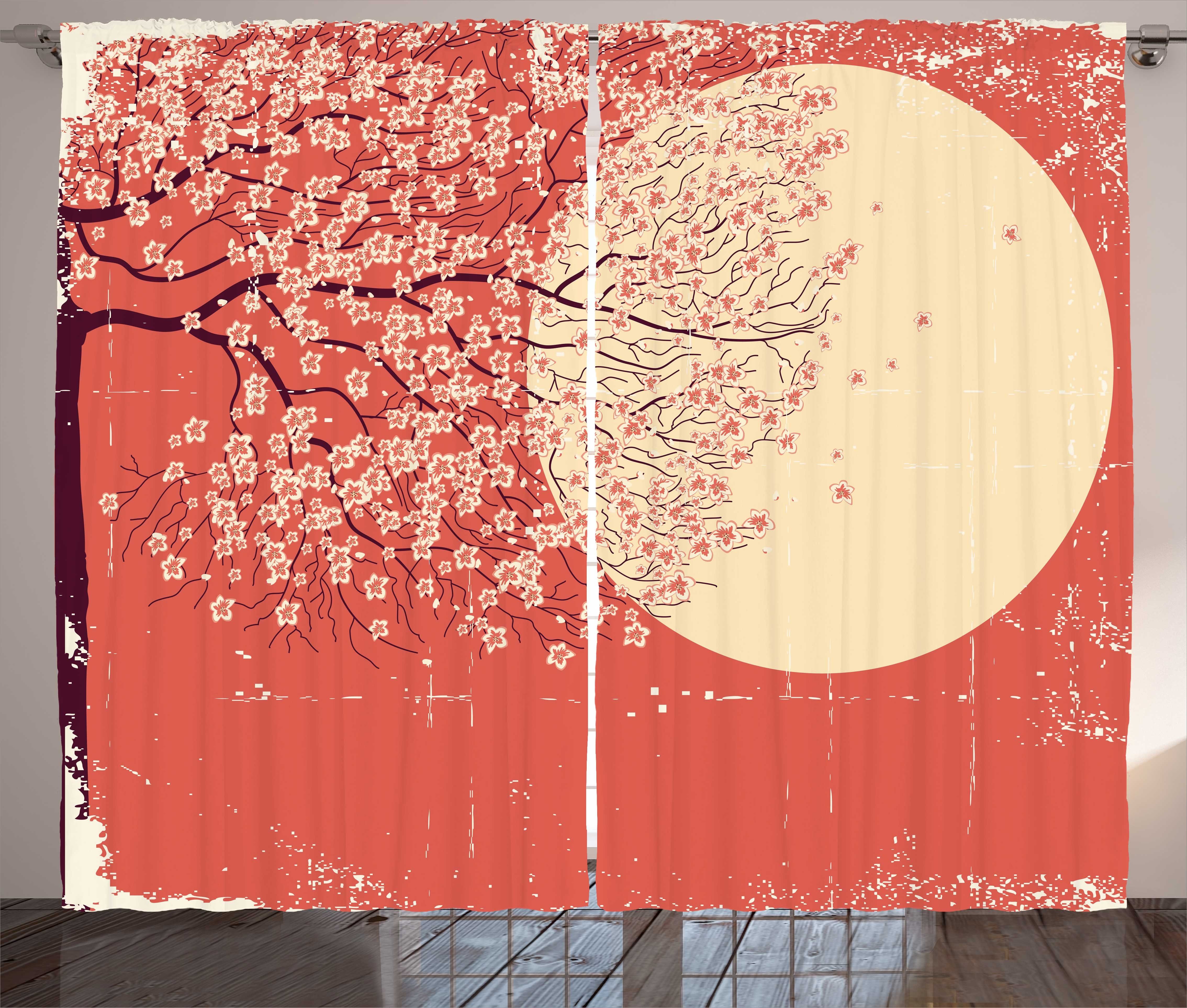 Gardine Schlafzimmer Kräuselband Vorhang mit Schlaufen und Haken, Abakuhaus, japanisch Kirsche Sakura-Blüten