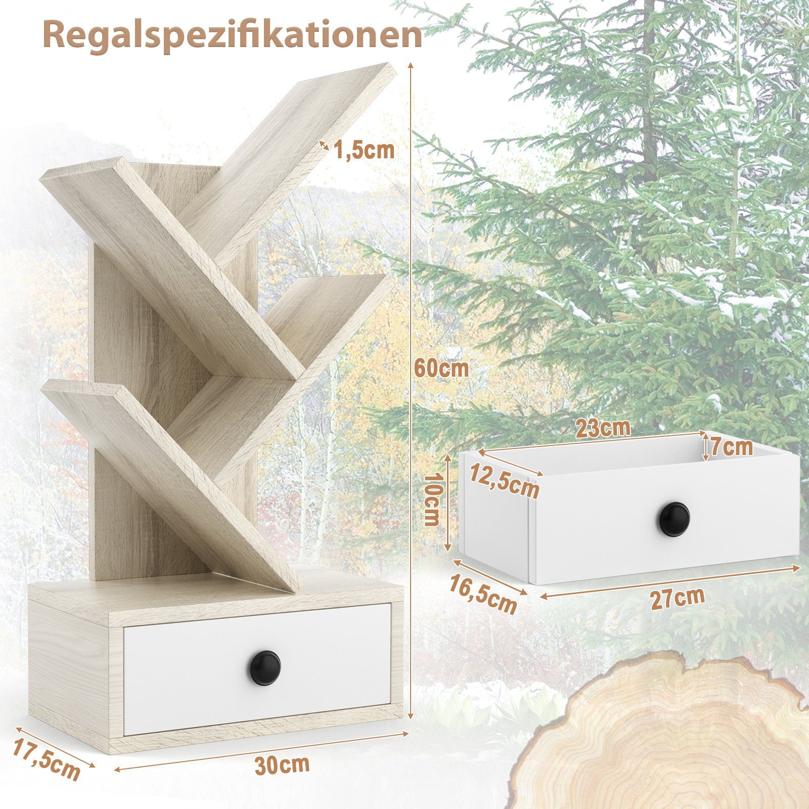 stehend, COSTWAY Holz, in Beige Schublade, Baumform, Bücherregal, mit 30x17,5x60cm