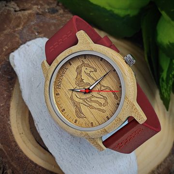 Holzwerk Quarzuhr TORI RED Damen Leder & Holz Uhr mit Pferd Motiv in rot, beige