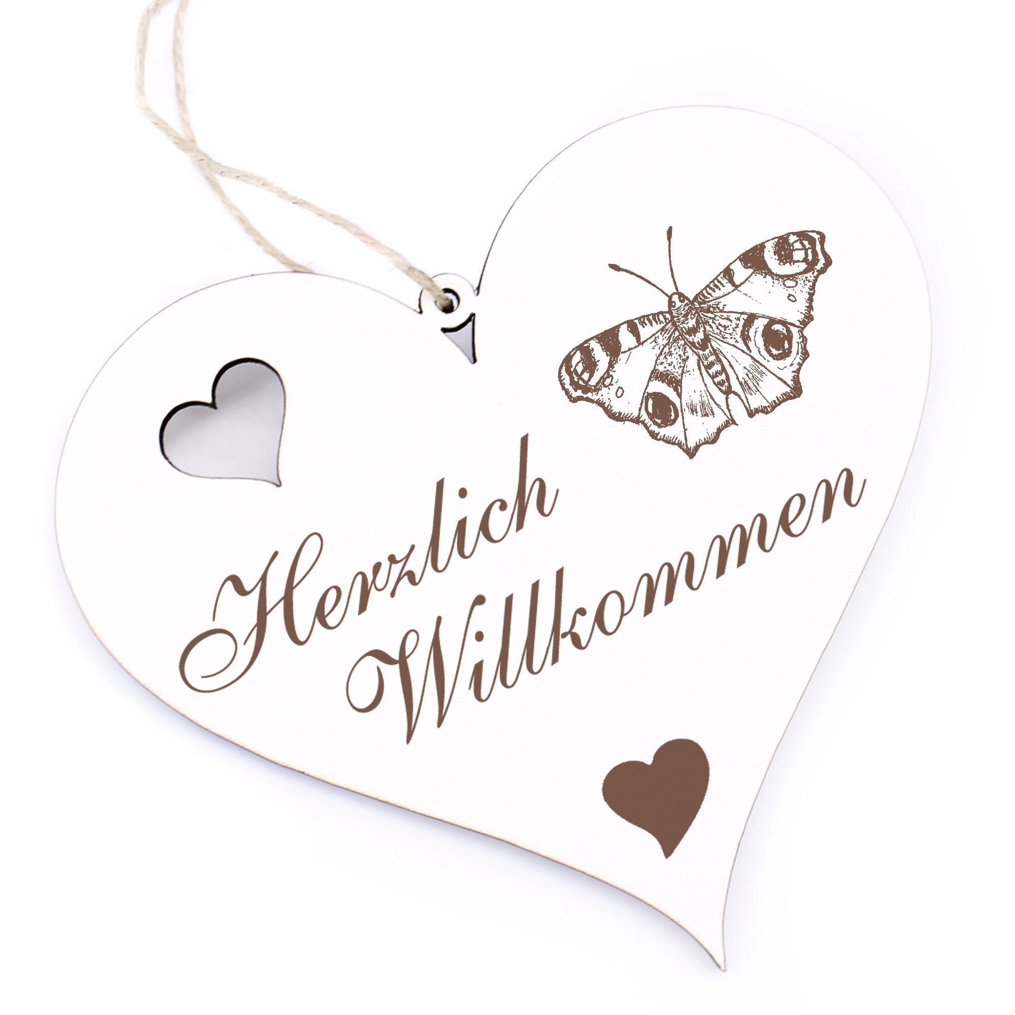 Dekolando Hängedekoration Herzlich Willkommen - Schmetterling Pfauennauge - 13x12cm