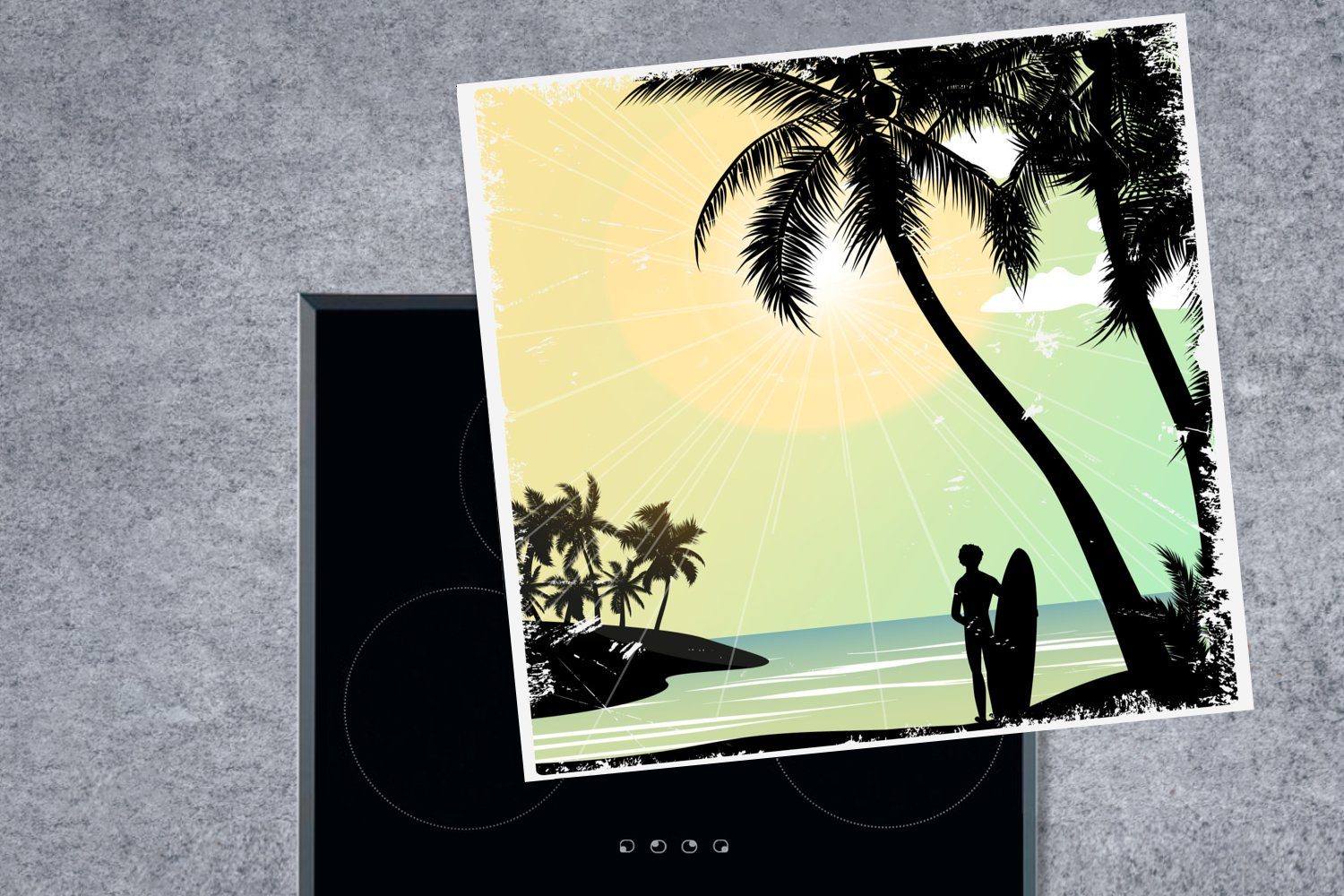 78x78 tlg), Palme Surfen, für - Ceranfeldabdeckung, Vinyl, MuchoWow - - küche Strand cm, Arbeitsplatte Sonne Herdblende-/Abdeckplatte (1