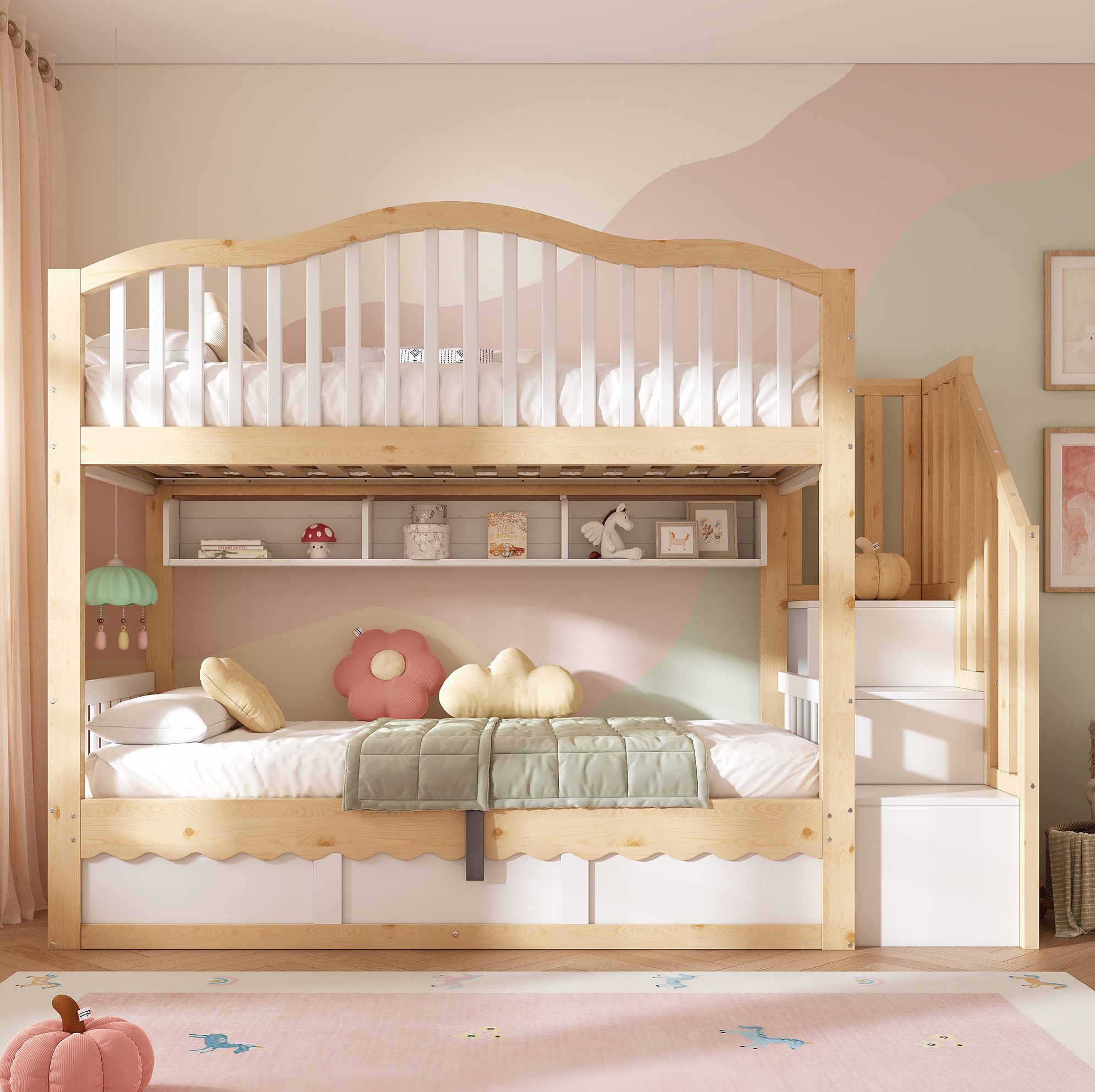 OKWISH Etagenbett Kinder-Hochbett mit Hydraulik-Stauraum & Treppe (Packung, Weiß+Eiche, 252×98×170 cm, ohne Matratze, für Kinderzimmer), 2×90×200 cm, Regale, stabile Konstruktion