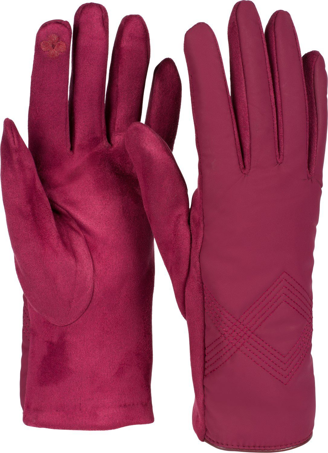 styleBREAKER Touchscreen Handschuhe Bordeaux-Rot bestickt Zick-Zack Fleecehandschuhe