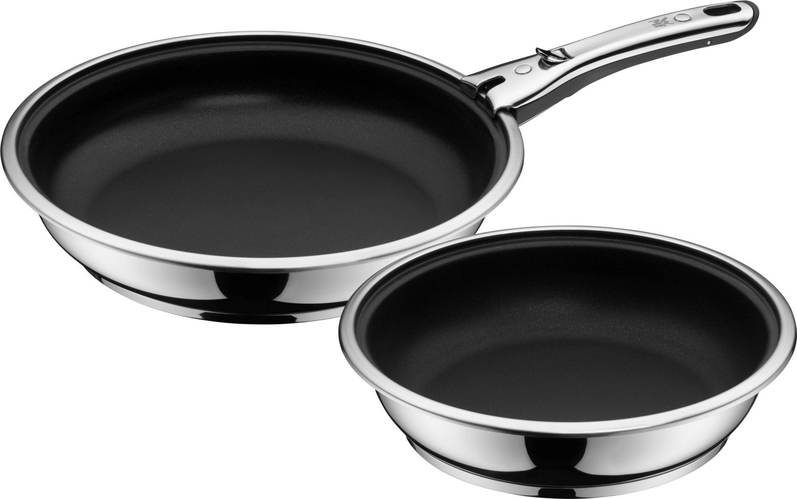 WMF Pfannen-Set Click&Serve Pfannen Set, 3-teilig, Cromargan Edelstahl rostfrei 18/10 (1x Bratpfanne beschichet ohne Griff 24 cm, 1x Bratpfanne beschichet ohne Griff 28 cm, 1x abnehmbarer Griff, 2-tlg., Bratpfanne ohne Griff, Bratpfanne ohne Griff, abnehmbarer Griff), 360°-Rundumbefestigung, tropffreies Ausgießen, TransTherm-Allherdboden