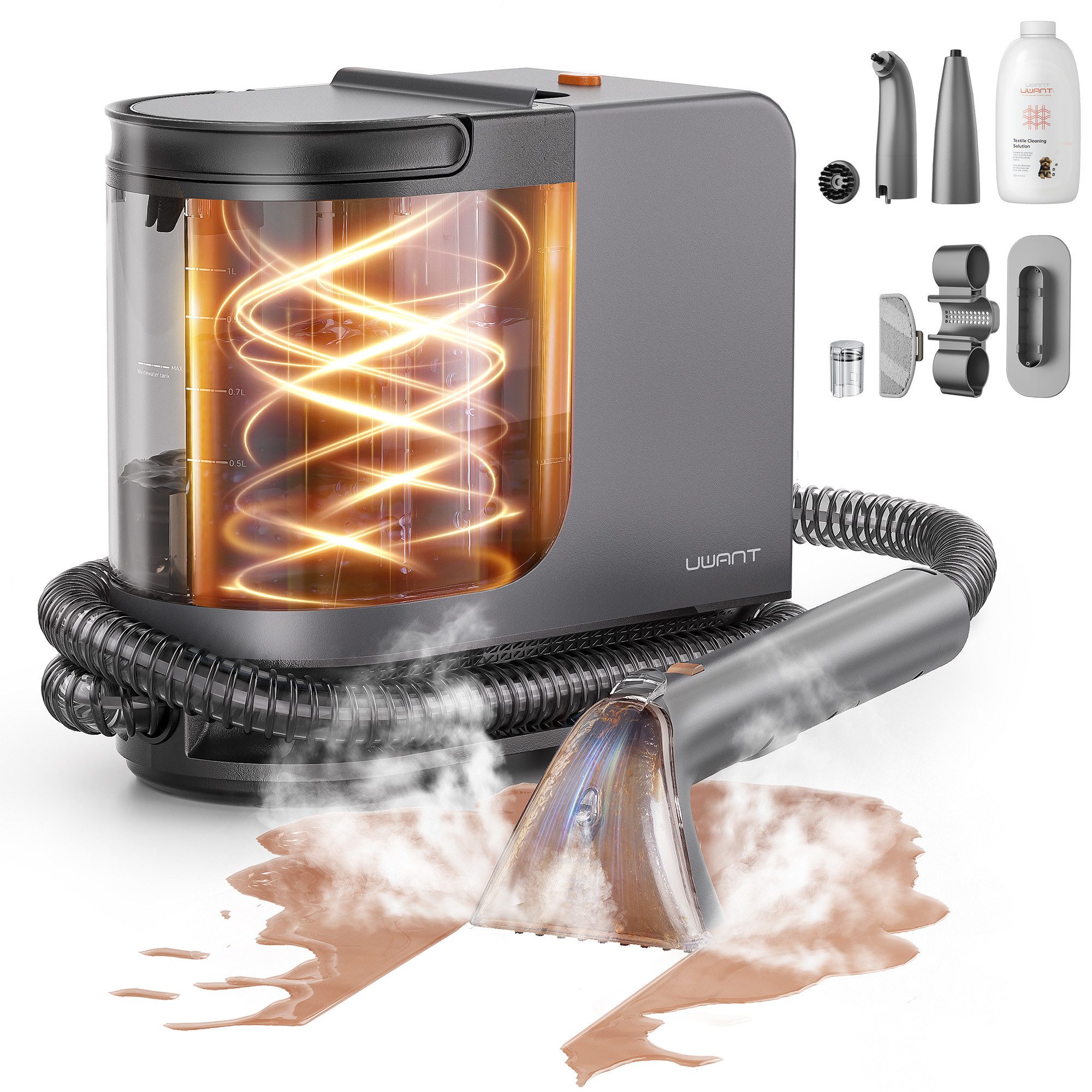 UWANT Teppichreinigungsgerät B400 Waschsauger Teppichreiniger, Nasssauger Polsterreiniger mit Dampf, 600 W, mit Beutel, 1750W–100°C Steam Cleaner, inkl.Reinigungsmittel, Sofa, Vorleger, Auto