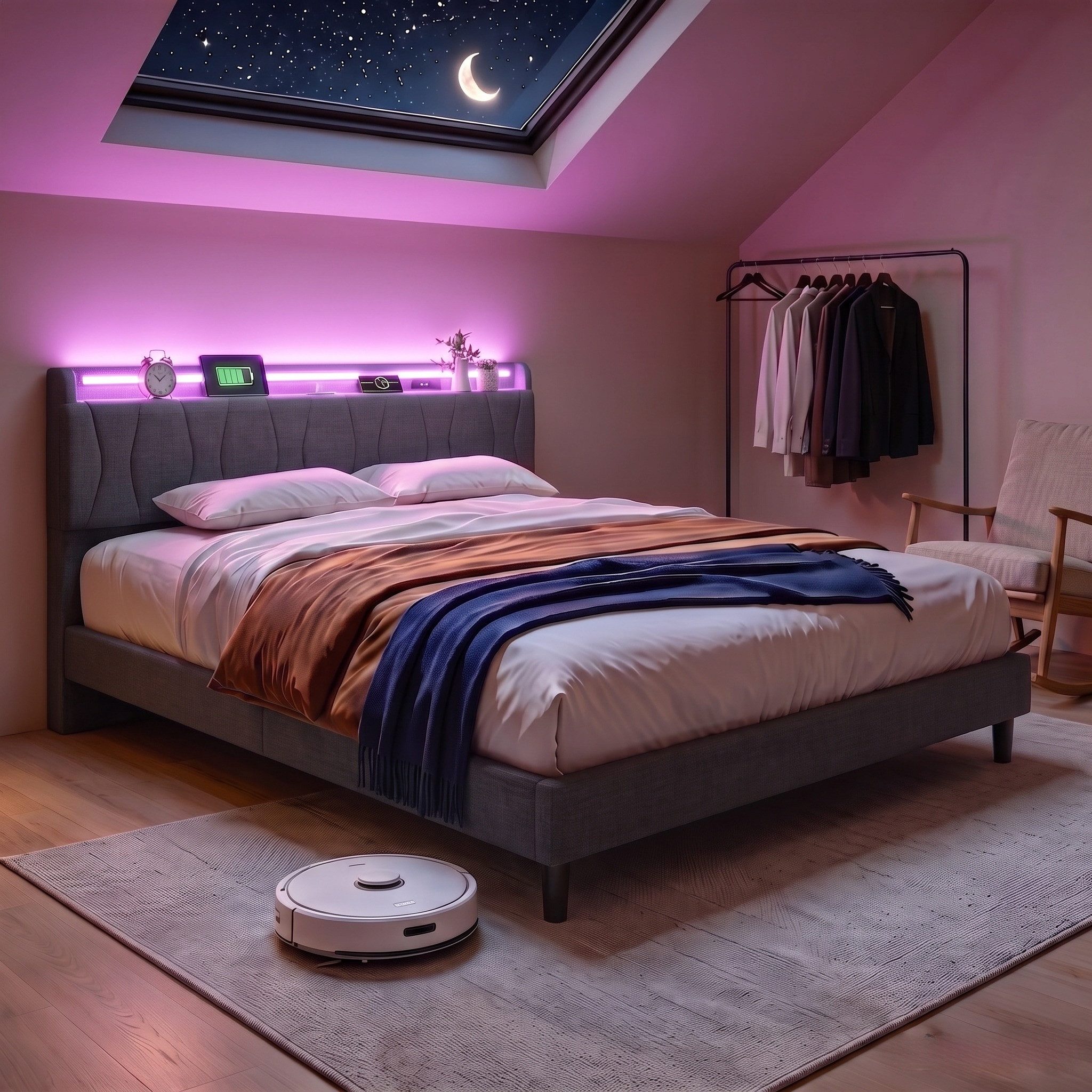 Furnishings Home Polsterbett Doppelbett LED Stauraumbett mit Ladefunktion (Leinenmaterial Polsterbett mit RGB Beleuchtung), Modernes Jugendbett, Leises Design Bett, Max. Belastbarkeit 300 kg
