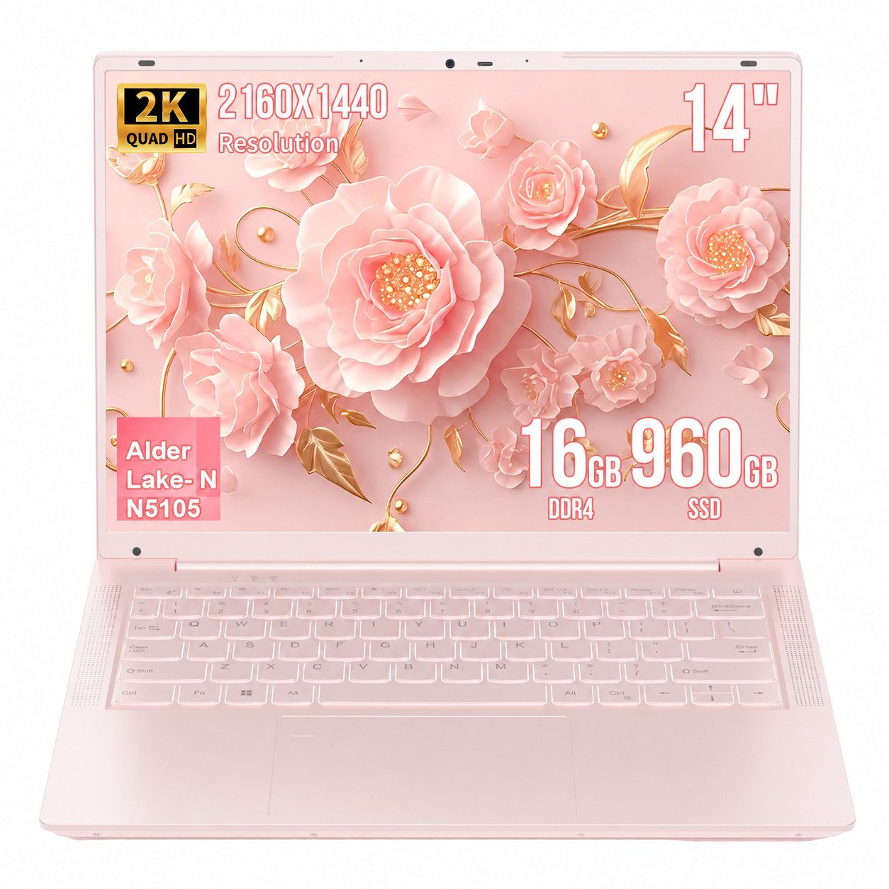 LONGEVINCE 14-Zoll-2K-IPS-Laptop mit Intel Celeron N5105, 16GB DDR4 Notebook (35,56 cm/14 Zoll, Intel Celeron N5105, Intel UHD Graphics, 16 GB, 960 GB SSD, Windows 11 Pro, Fingerabdrucksensor, wählbar 512GB / 960GB SSD)