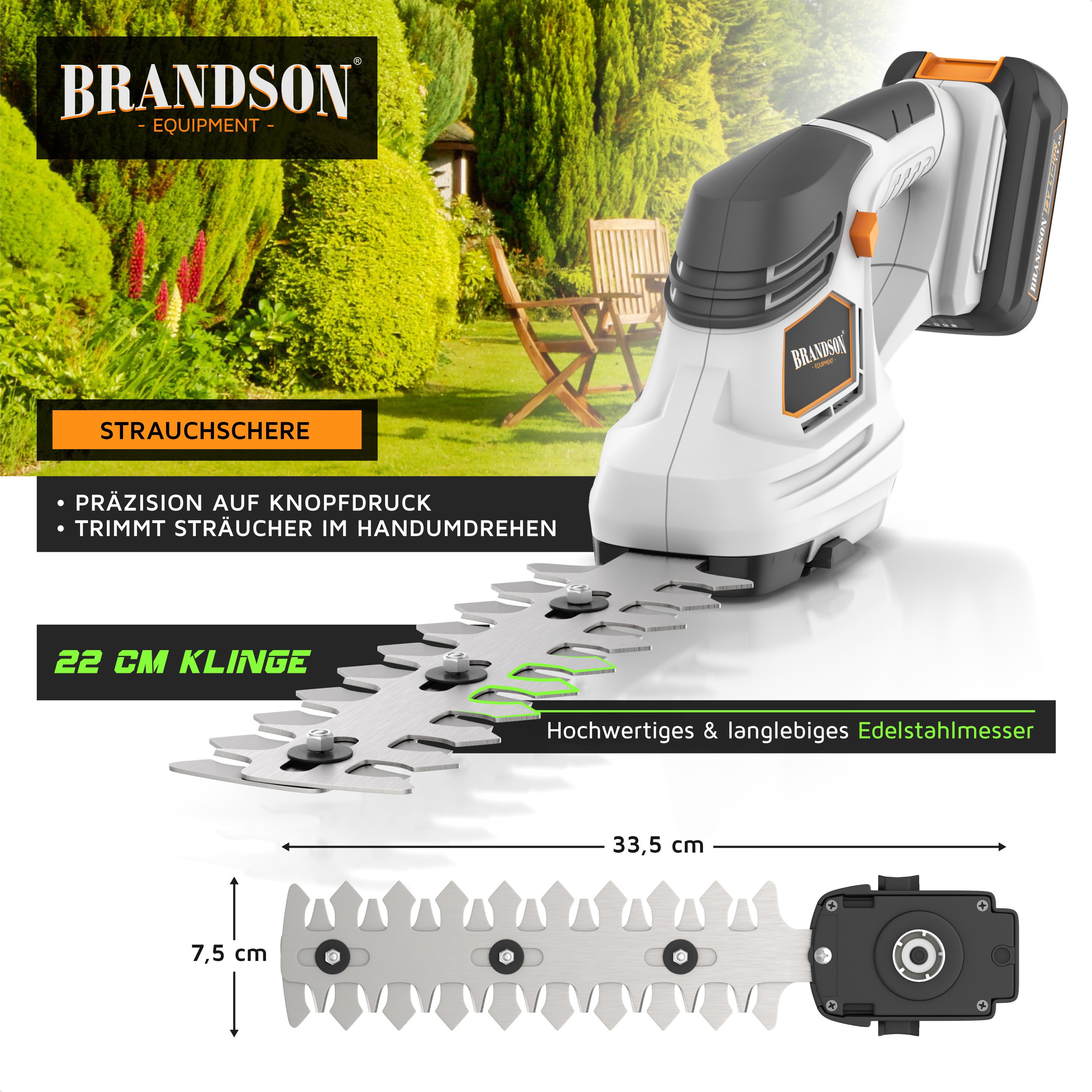 Brandson Akku-Grasschere 2in1 mit Grasmesser und Strauchmesser, inkl. Akku und Ladegerät, bis 1,3 m Arbeitshöhe, Garten Strauchschere, Elektrogartenschere für Rasen, Sträucher