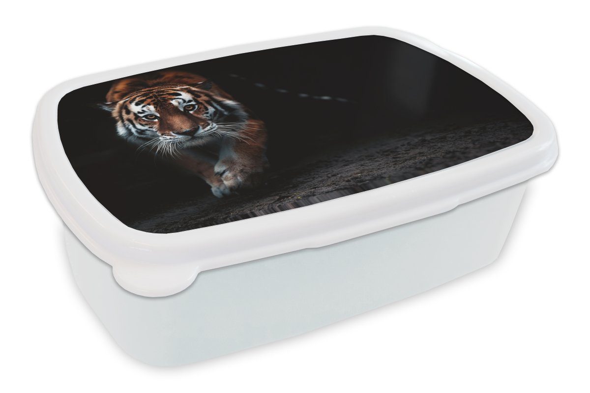 MuchoWow Lunchbox Tiere - Tiger - Schwarz - Wild - Porträt, Kunststoff, (2-tlg), Brotbox für Kinder und Erwachsene, Brotdose, für Jungs und Mädchen weiß