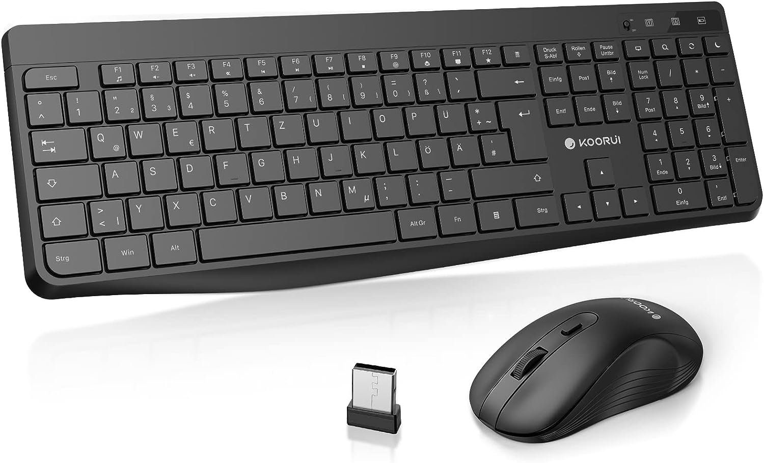 KOORUI Kabellos, Leise Deutsches Layout QWERTZ Tastatur- und Maus-Set, mit 12 Funktionstasten 2.4 GHz für Windows,MacOS,Linux mit PC Spielen