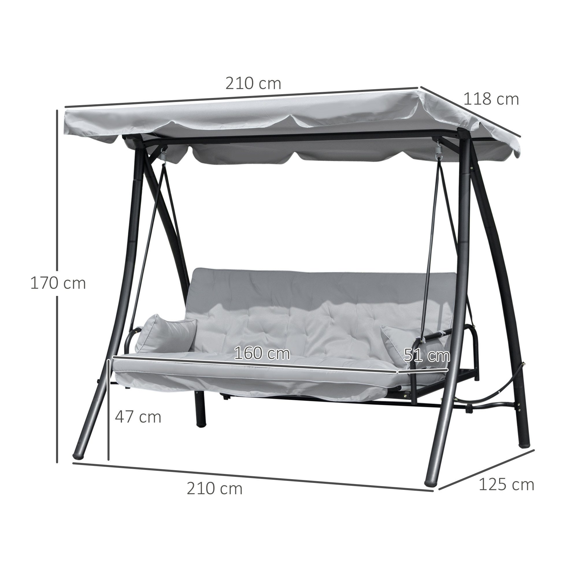 Outsunny Hollywoodschaukel Schaukelbank mit Dach, 3-Sitzer, Bettfunktion, Schaukelstuhl, 1 tlg., Gartenschaukel, für Garten, Balkon, Grau