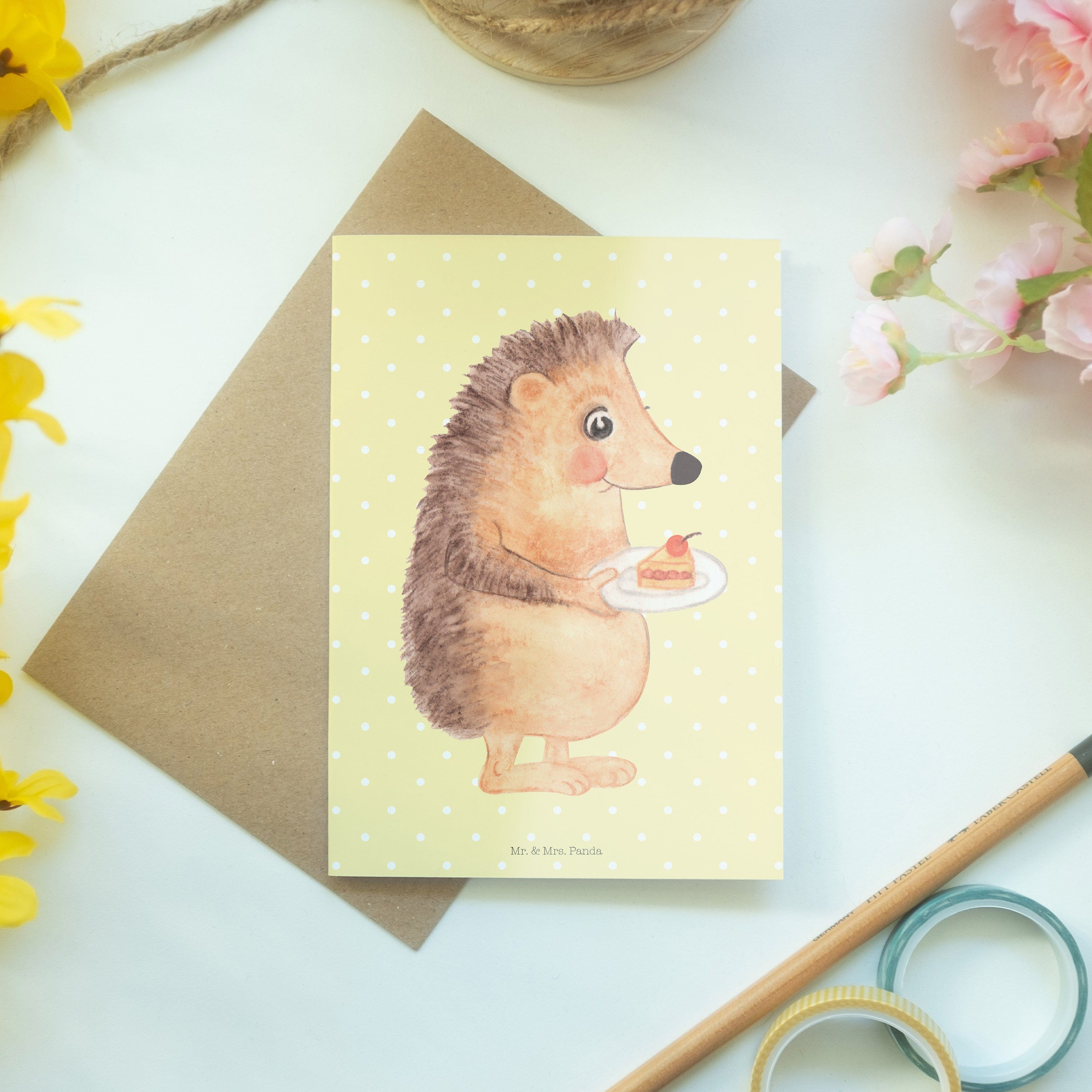 Kuchenstück Igel mit Tie Gelb Panda Geburtstagskarte, Pastell Geschenk, & - Mrs. Mr. - Grußkarte