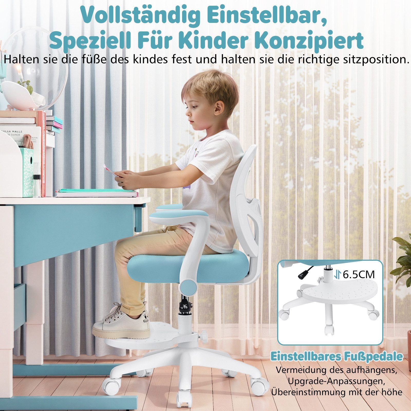 Insma Drehstuhl Kinder Schreibtischstuhl ergonomisch höhenverstellbar (mit klappbaren Armlehnen, Fußstütze und 5 feststellbarer Rollen), von 3-12 Jahre, Maximale Tragfähigkeit 158kg
