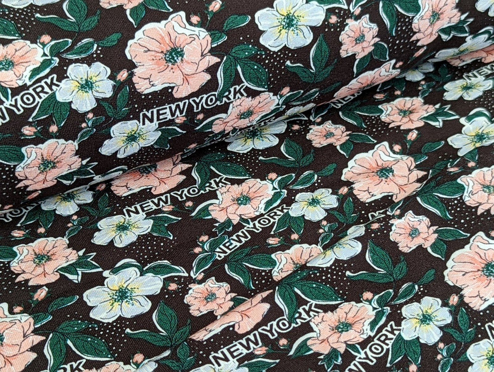 Stoff French Terry Everything is possible Blumen auf Dunkelbraun Stoff Meterware