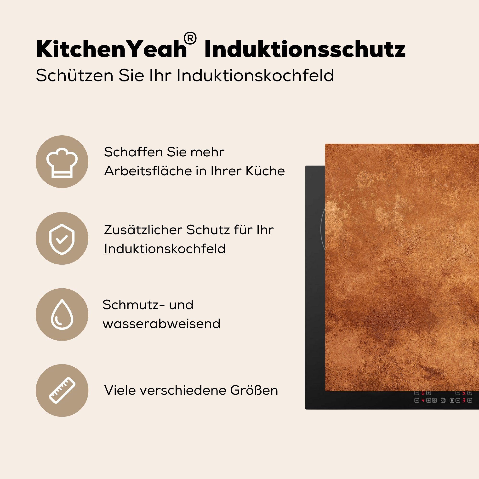 küche (1 - 78x78 für cm, MuchoWow Braun Bronze, Arbeitsplatte Ceranfeldabdeckung, Rost Herdblende-/Abdeckplatte - Vinyl, tlg),