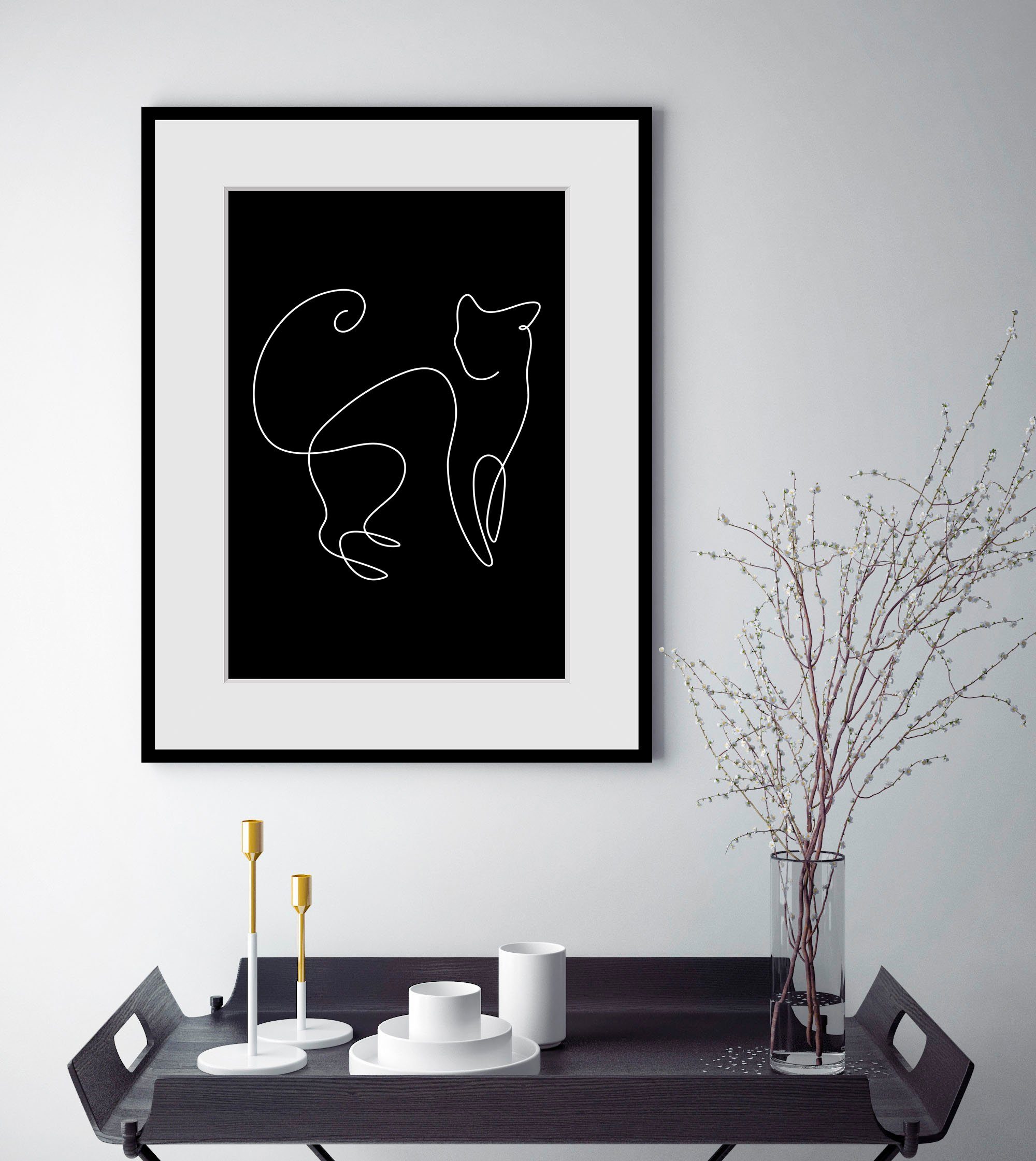 queence Bild Simba, Haustiere, Katze, Katzen, Katzenbilder, Kunst, Schwarz-Weiß (1 St), HD Premium Плакат-Druck inkl. Holzrahmen