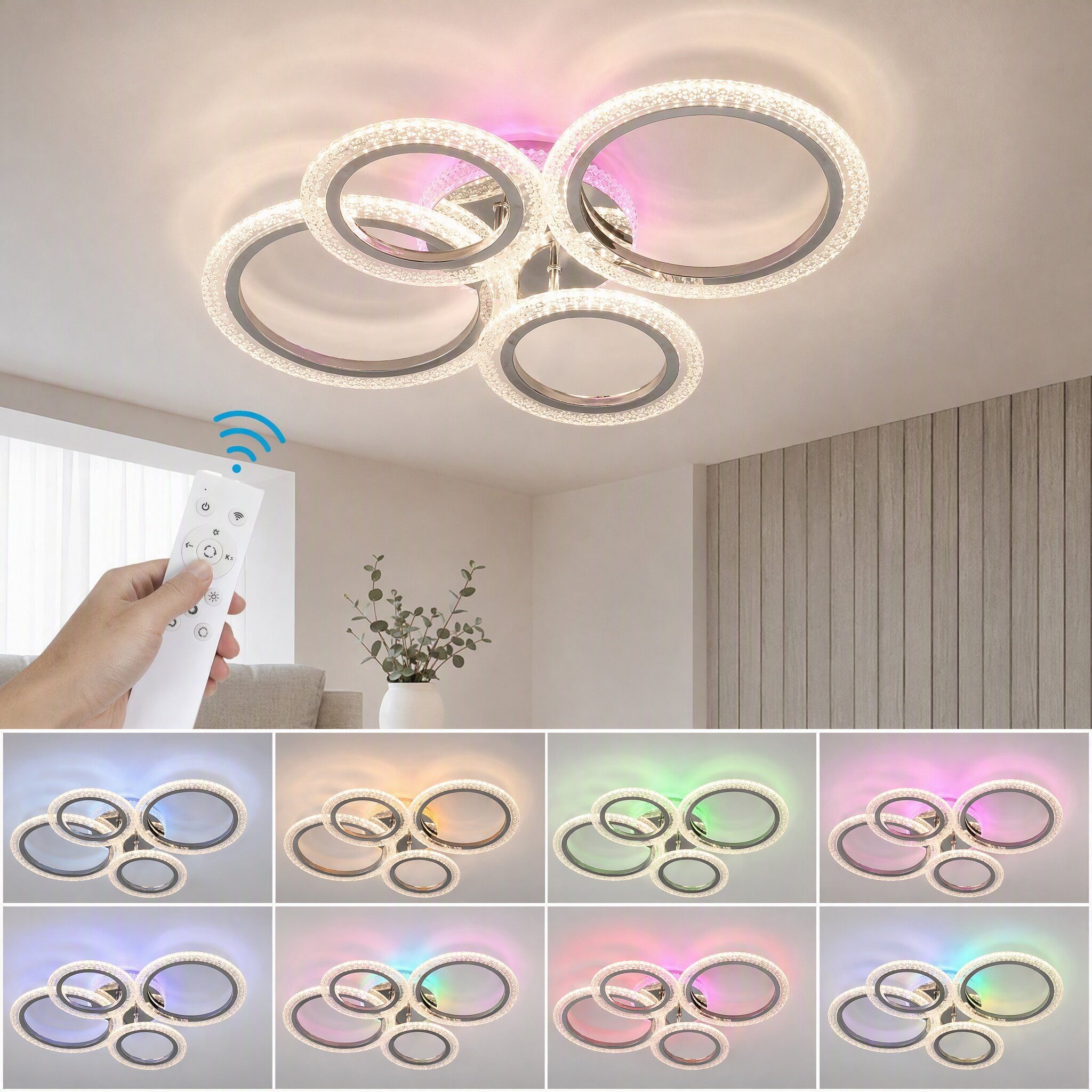 oyajia LED Deckenleuchte 36W Modern 4 Flammig Ringoptik Design deckenlampe, RGB Farbwechsel, LED fest integriert, Warmweiß, Naturweiß, Kaltweiß, RGB, Kristall-Lichteffekt Deckenleuchte rund für wohnzimmer Schlafzimmer