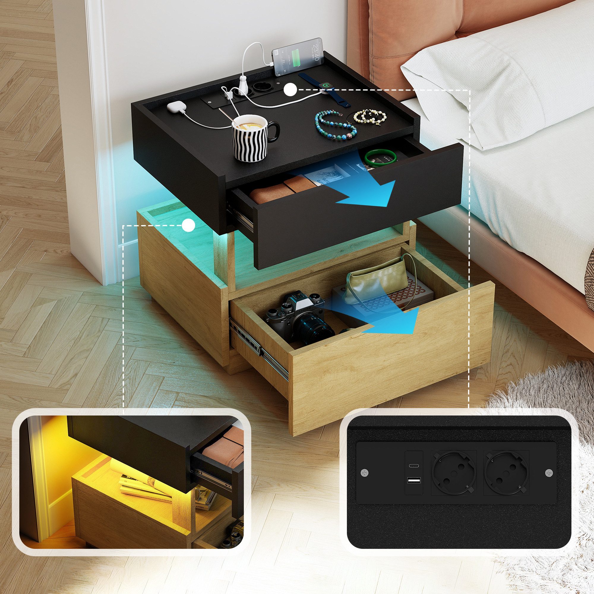 BlingBin Nachttisch Intelligenter Nachttisch mit Qi-Ladefunktion, USB, LED-Stimmungslicht (1er Set, 1-St., 50x40x50 cm), 2 Schubladen, moderner Beistelltisch fürs Schlafzimmer
