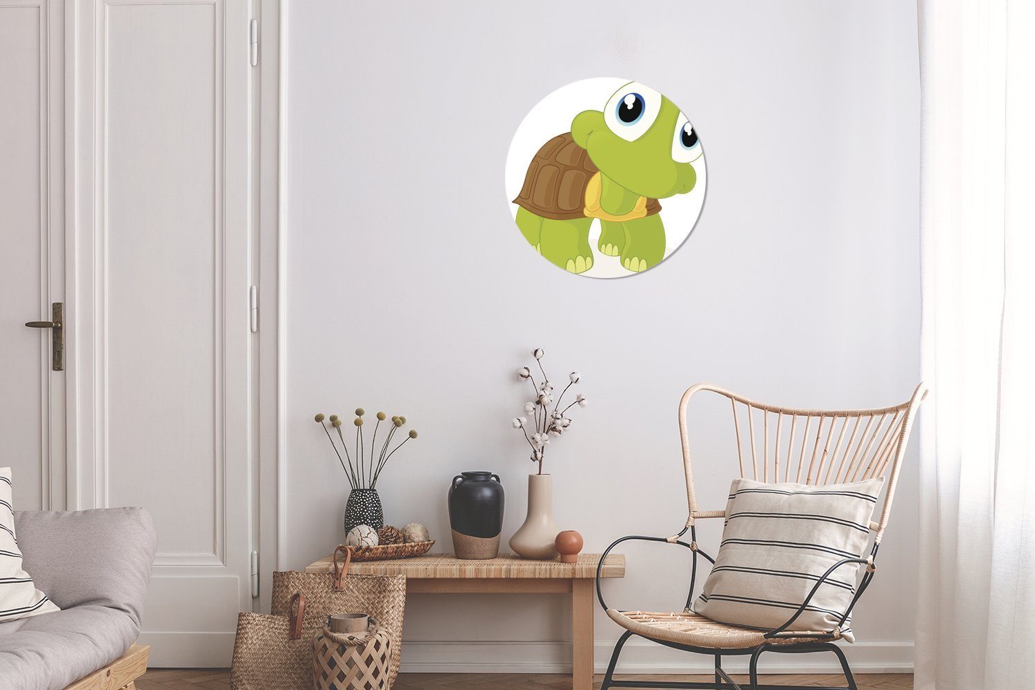 MuchoWow Wandsticker Wohnzimmer St), (1 nach Illustration die einer für Tapetenkreis Kinderzimmer, Rund, vorne schaut Tapetenaufkleber, Schildkröte, grünen