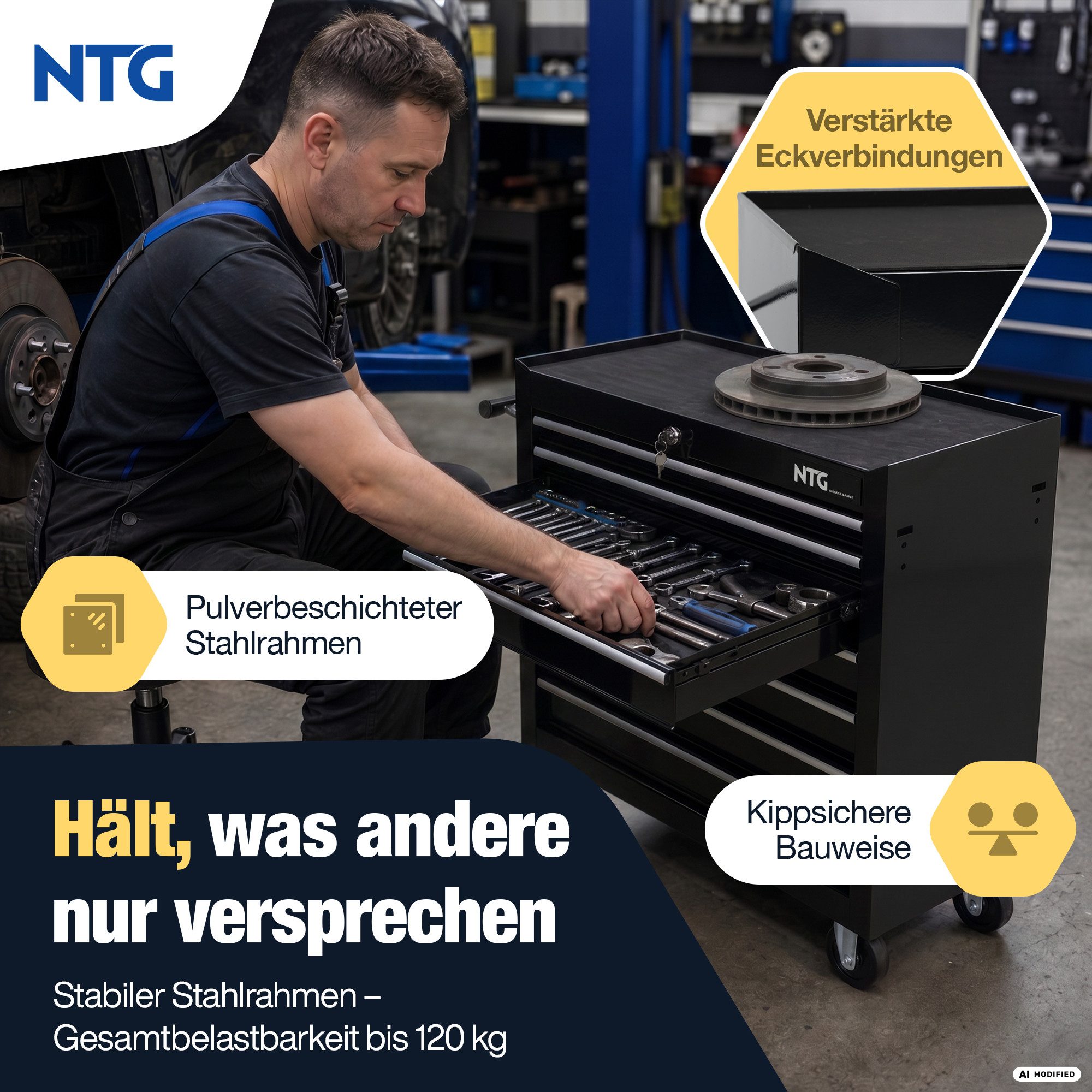 NTG Nutzfahrzeug Technik GmbH Werkstattwagen LEER – Werkstattwagen mit 7 kugelgelagerten Schubladen, max. Traglast:120 kg, 0-tlg. Werkzeugset, (Ohne Werkzeug),  – Bild 2 von 5